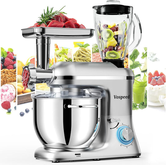 Vospeed 9 IN 1 Stand Mixer, 850W Tilt-Head Multifunctional Electric Mixer with 8 QT Stainless Steel Bowl, 1.5L Glass Jar, Meat Grinder, Hook, Whisk, Beater Dishwasher Safe (Silver)