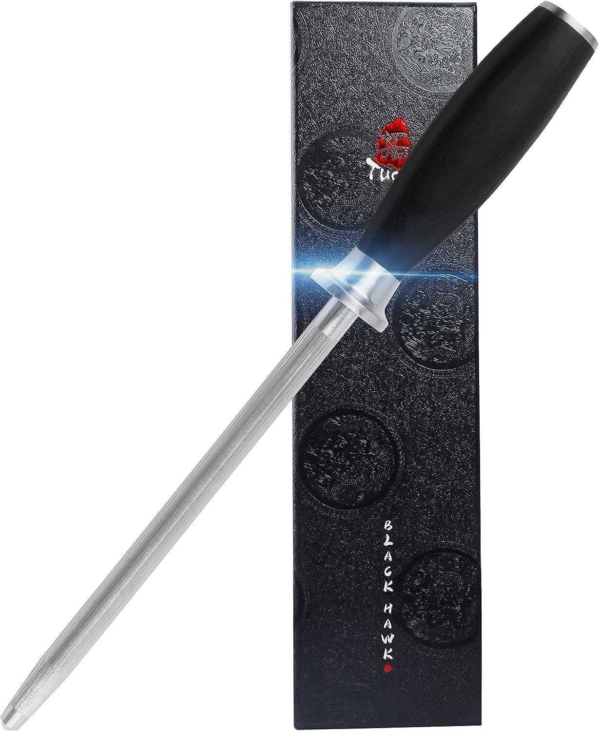 TUO Honing Rod, Knife Sharpening Rod 8 Inch, High Carbon German Steel Knife Sharpener with Ergonomic Pakkawood Handle, Premium Honing Steel for Kitchen Knives Blade Maintenance, Black Hawk Series