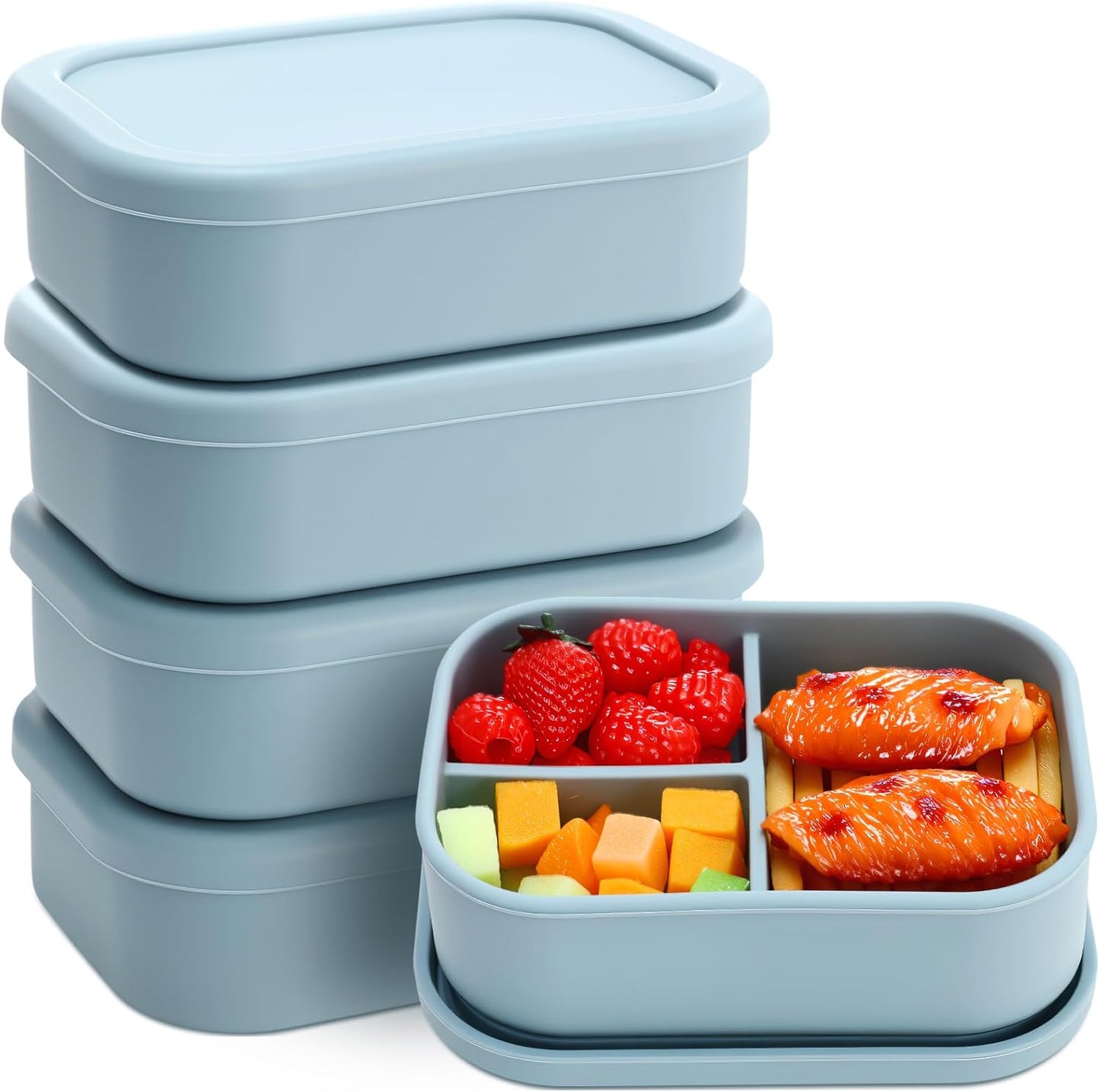 Honeydak 4 Pcs Silicone Bento Lunch Box 3 Compartment Reusable Leakproof Silicone Bento Lunch Container for Adults Microwave Dishwasher Freezer Safe(Blue)