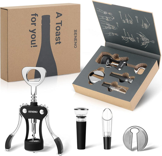 Beneno Multifunctional Wine Bottle Opener Gift Set - Wing Corkscrew, Foil Cutter, Vacuum Stopper & Aerator Pourer, Perfect for Wine Lovers Man Woman, Black Set