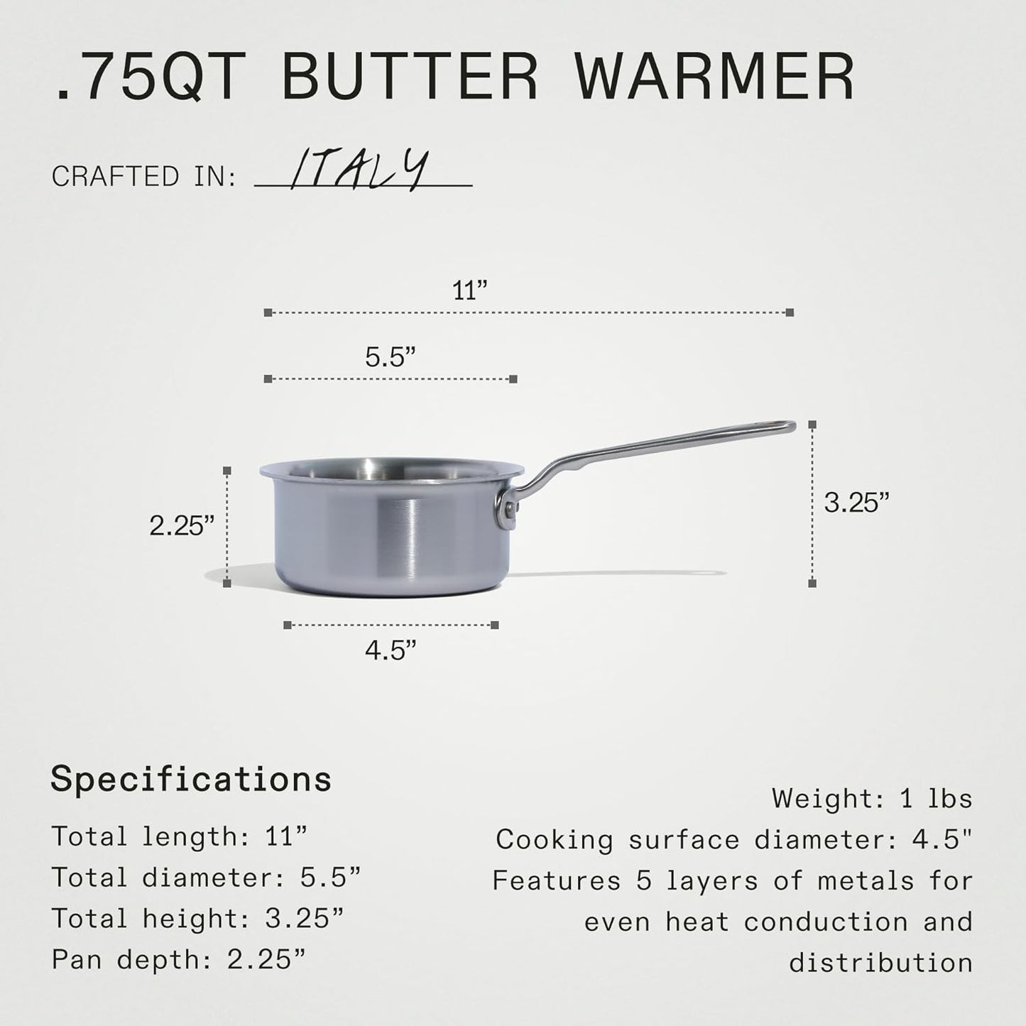 Made In Cookware - 3/4 Quart Stainless Steel Butter Warmer - 5 Ply Stainless Clad - Professional Cookware - Crafted in Italy - Induction Compatible