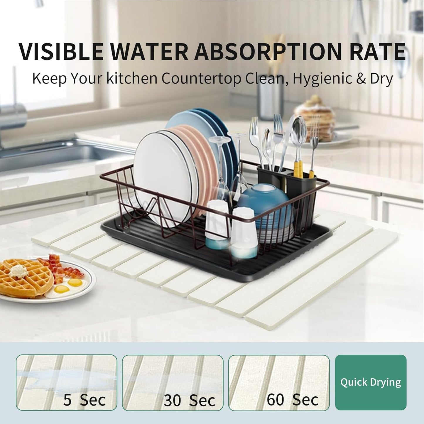 Stone Drying Mat for Kitchen Counter, Collapsible Dish Drying Mat, Fast Drying Diatomaceous Earth Dish Drying Mats, Water Absorbent Diatomite Kitchen Mat (white, medium)