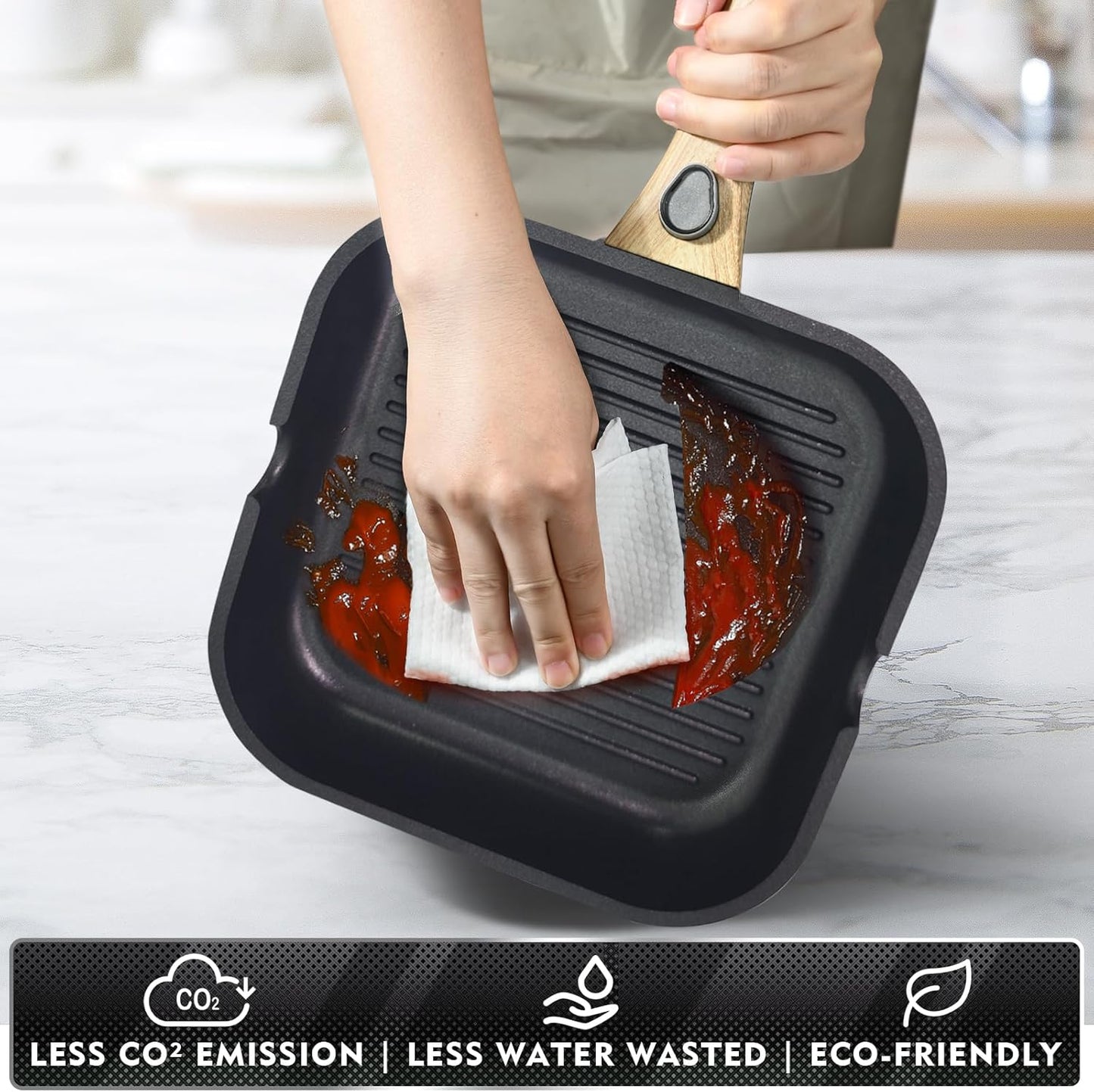 Nonstick Square Grill Pan for Stove Tops, Detachable Handle Griddle Pan,9.5inch Remove Handle Grill Pan with Pour for Cooking,Induction,Gas,Non Toxic,PFOA Free(Granite, Square-9.5inch)