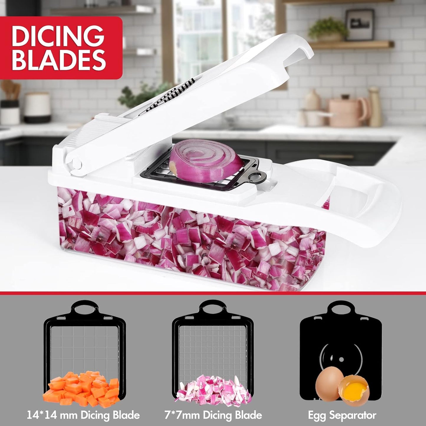 Ourokhome Vegetable Chopper Onion Cutter, 14 in 1 Professional Mandoline Slicer for Kitchen, Multifunctional Food Chopper for Potato, Tomato, Veggie with Strainer Basket, 10 Blades, Black