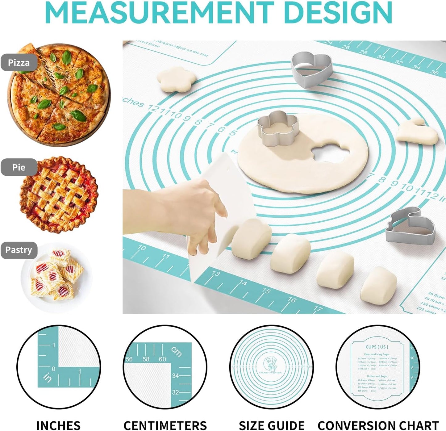 Non stick Pastry Mat, Dough Mat for Rolling, Silicone Baking Mat, Fondant/Pie Crust Mat Kitchen Counter Mat, Macarons Bread Baking Mat Baking Supplies Extra Large 28 x 20 Inch