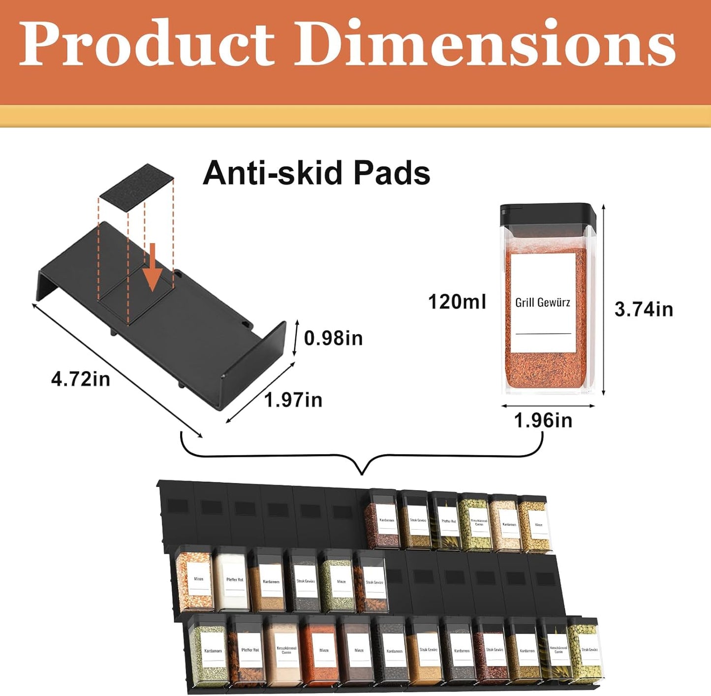 Famhap Spice Drawer Organizer 24 Pcs with 24 Plastic Jars and Labels，Interlocking Expandable Seasoning Rack Tray Insert for Kitchen Drawers, Spice Rack Drawer