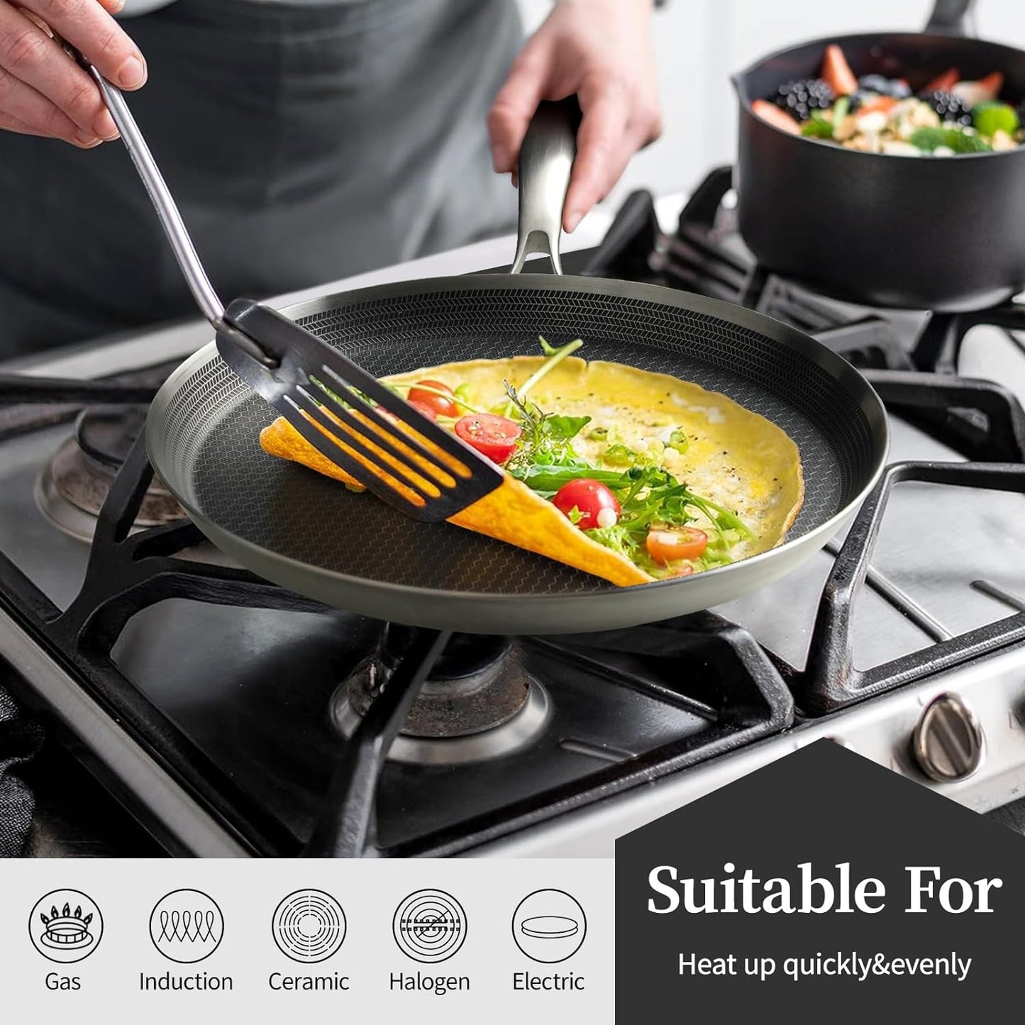 Stainless Steel Crepe Pan - 10 Inch Nonstick Crepe Pan, Stainless Steel Honeycomb Coating Pancake Pan, Non Stick Flat Skillet Tawa Dosa Tortilla Griddle Pan, Induction Compatible, PFOA Free