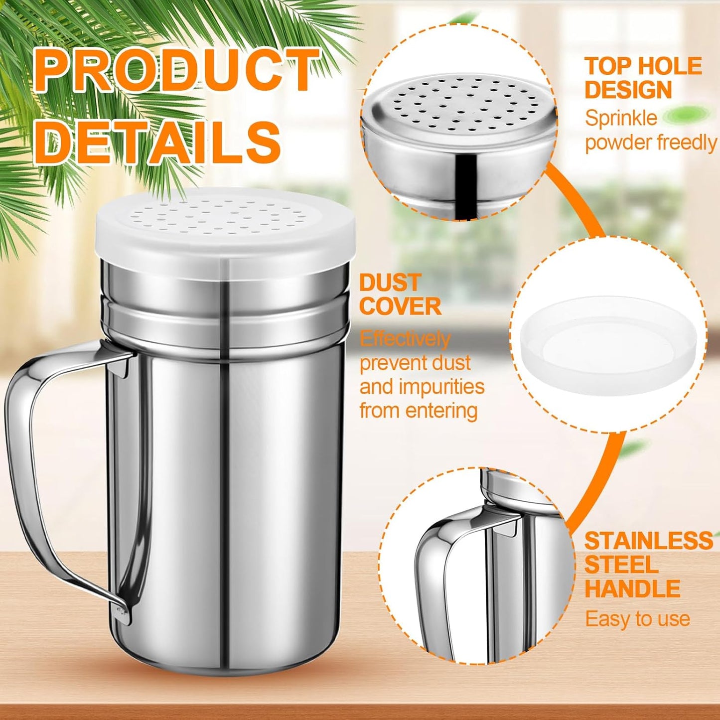 Lallisa 4 Pcs Stainless Steel Salt and Pepper Shakers with Lid and Handle Dredge Spice Seasoning Condiment Popcorn Salt Shaker Powder Sugar Flour for Cooking Kitchen Baking (14oz)