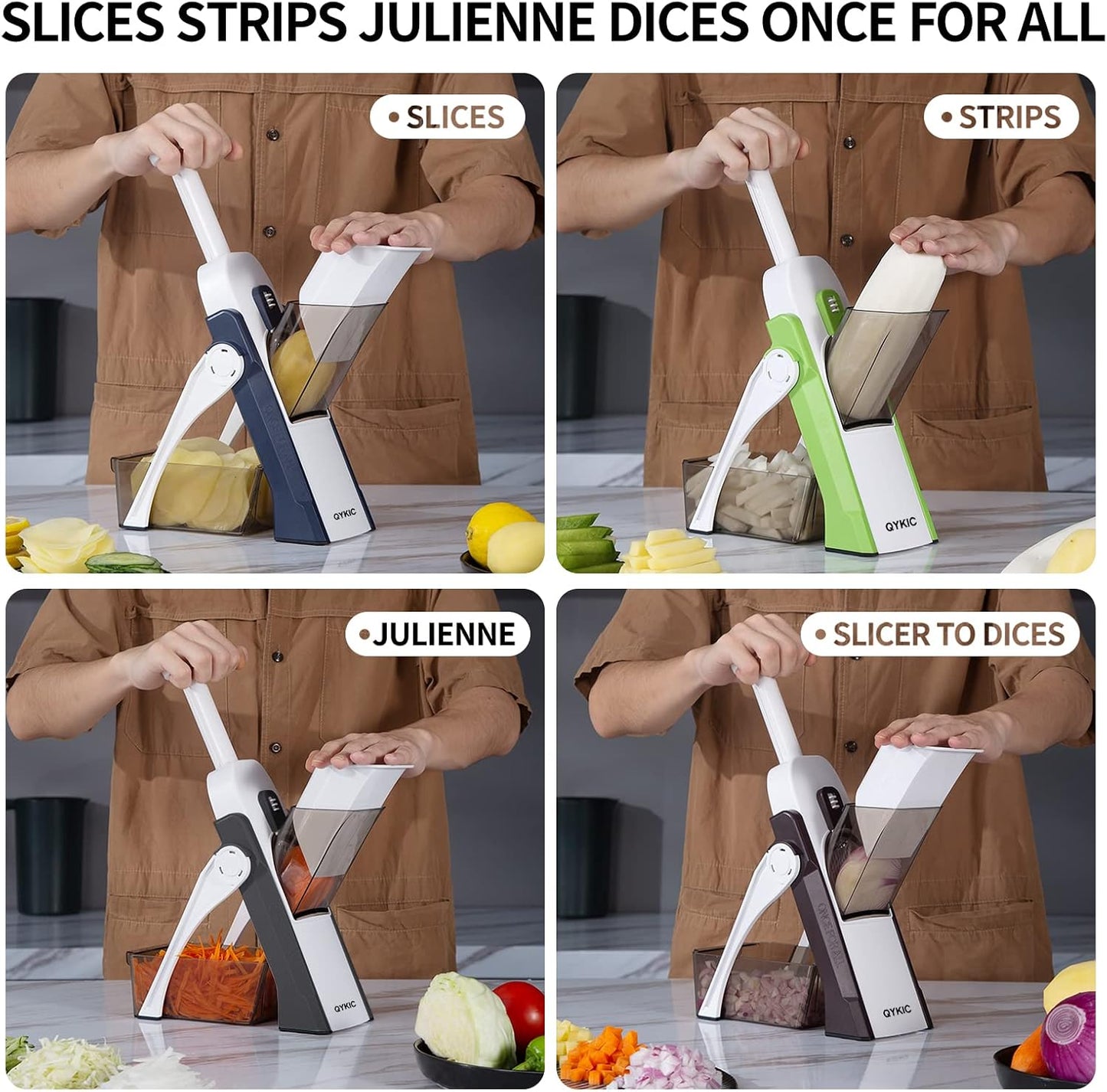 Safe Mandoline Slicer 5 in 1 Vegetable Chopper Food Potato Cutter, Strips Julienne Dicer Adjustable Thickness 0.1-8 mm Kitchen Chopping Artifact Fast Meal Prep