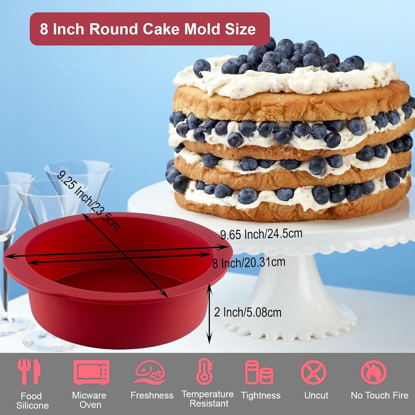 Nalchios 8 inch Silicone Round Cake Pans Set of 3, Non-stick Easy Releasing Mini Pans, Flexible BPA Free Silicone Baking Mold Pans for Layer, Mini, Pizza, Cheese, Chocolate Cake