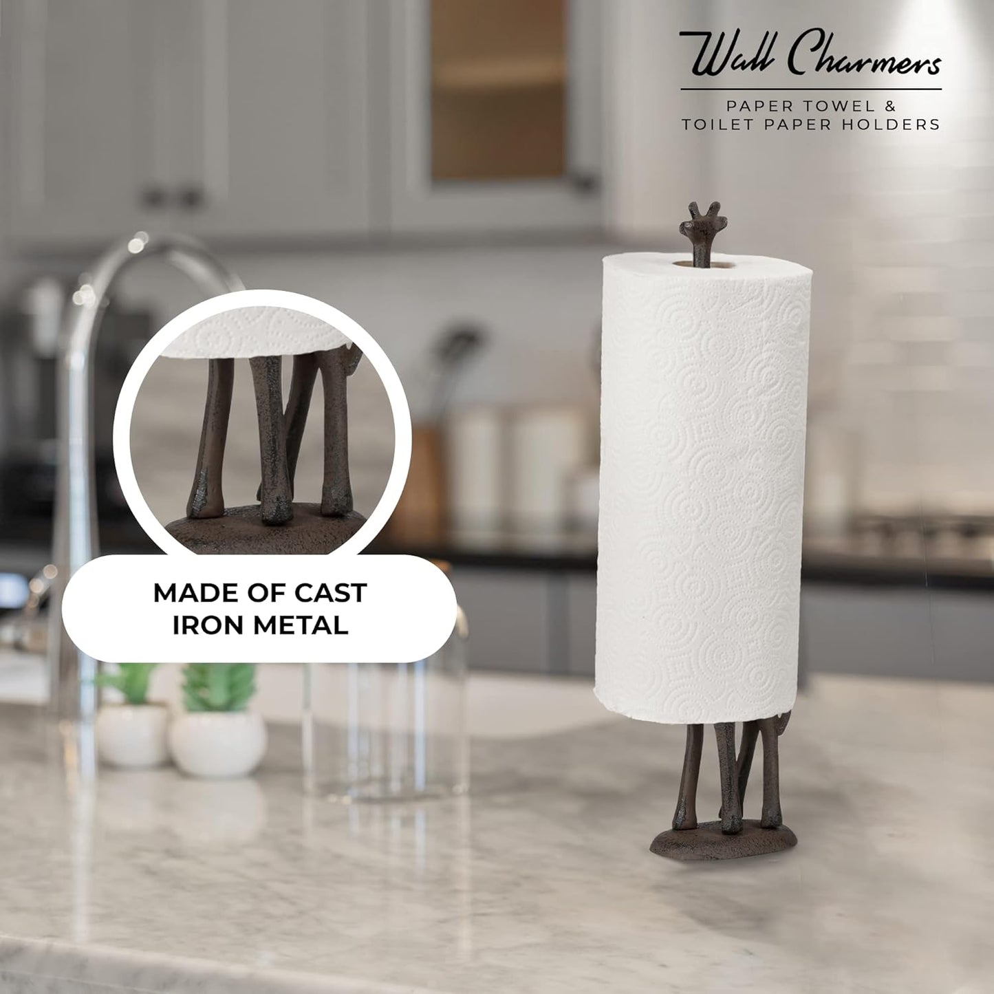 WallCharmers Rustic Paper Towel Holder, Metal Toilet or Kitchen Paper Holder for Floor or Countertop, Rustic Giraffe