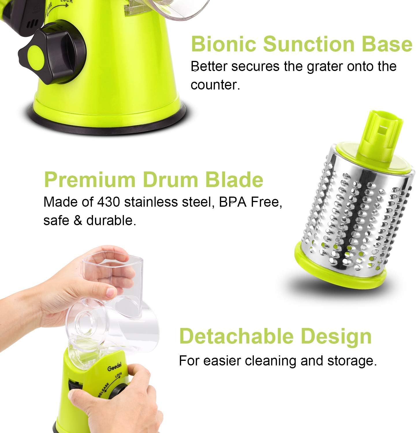 Geedel Rotary Cheese Grater, Kitchen Mandoline Vegetable Slicer with 3 Interchangeable Blades, Easy to Clean Rotary Grater Slicer for Fruit, Vegetables, Nuts