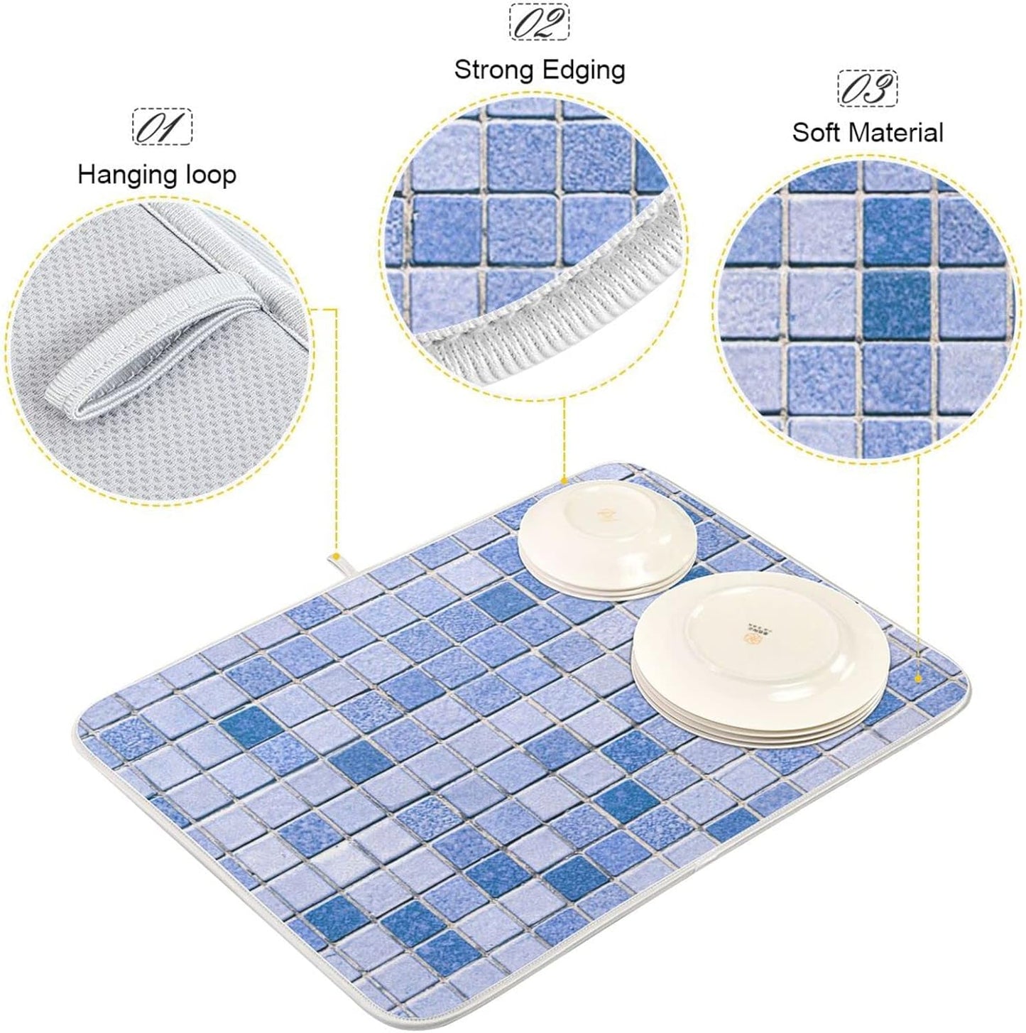 Super Absorbent Dish Drying Mat, Microfiber Fast-Drying Dish Mat, 16" x 18", Kitchen Dish Drying Pad, Mosaic Pattern