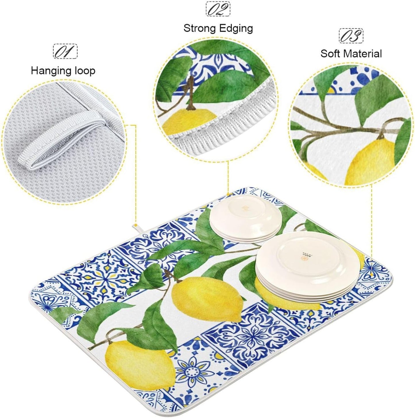 Lemon Blue Tiles Dish Drying Mat for Kitchen Counter Absorbent Microfiber Drying Pad, Large 18x24 in, Reversible Drainer Mats