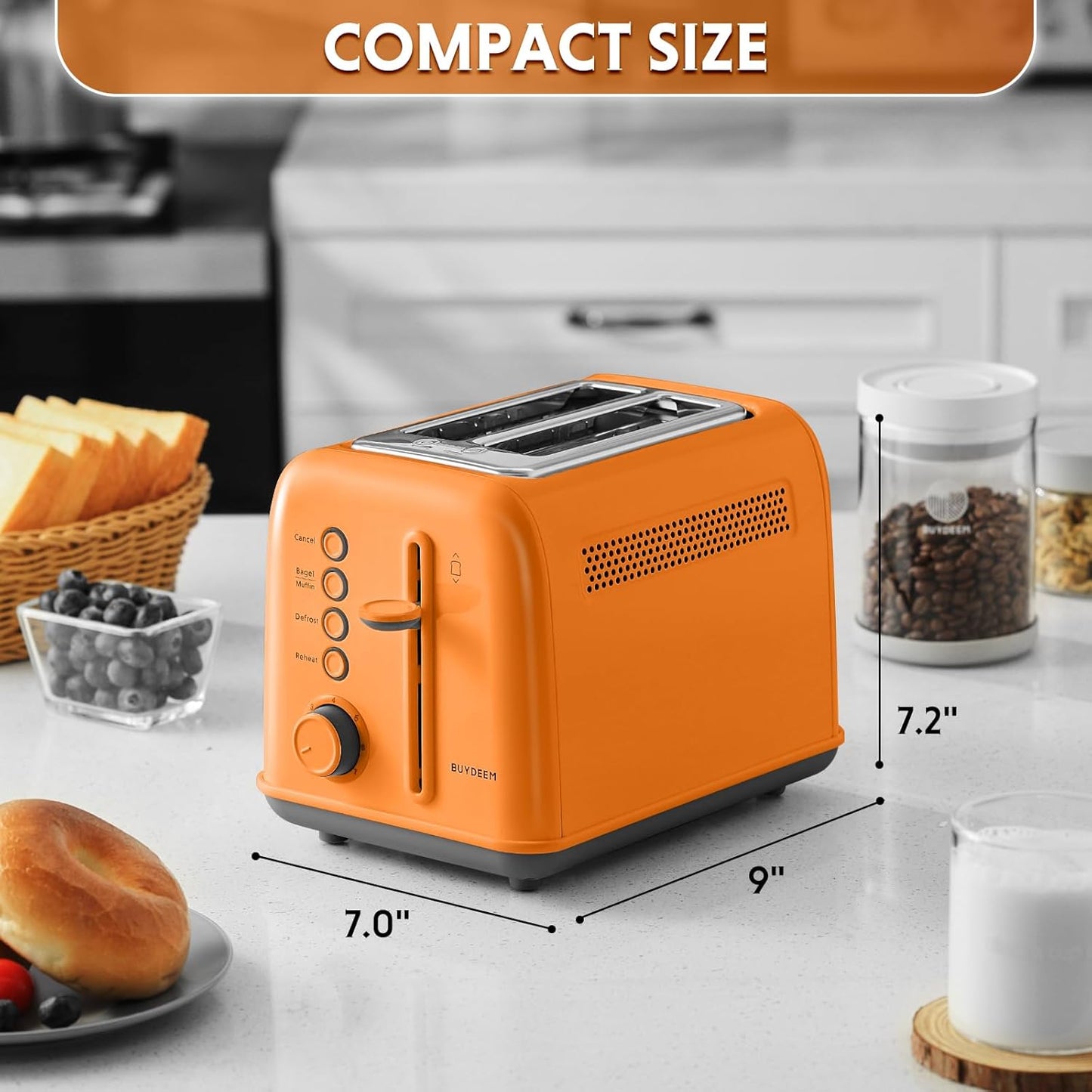 BUYDEEM DT620 2-Slice Toaster, Extra Wide Slots, Retro Stainless Steel with High Lift Lever, Bagel and Muffin Function, Removal Crumb Tray, 7-Shade Settings,Orange