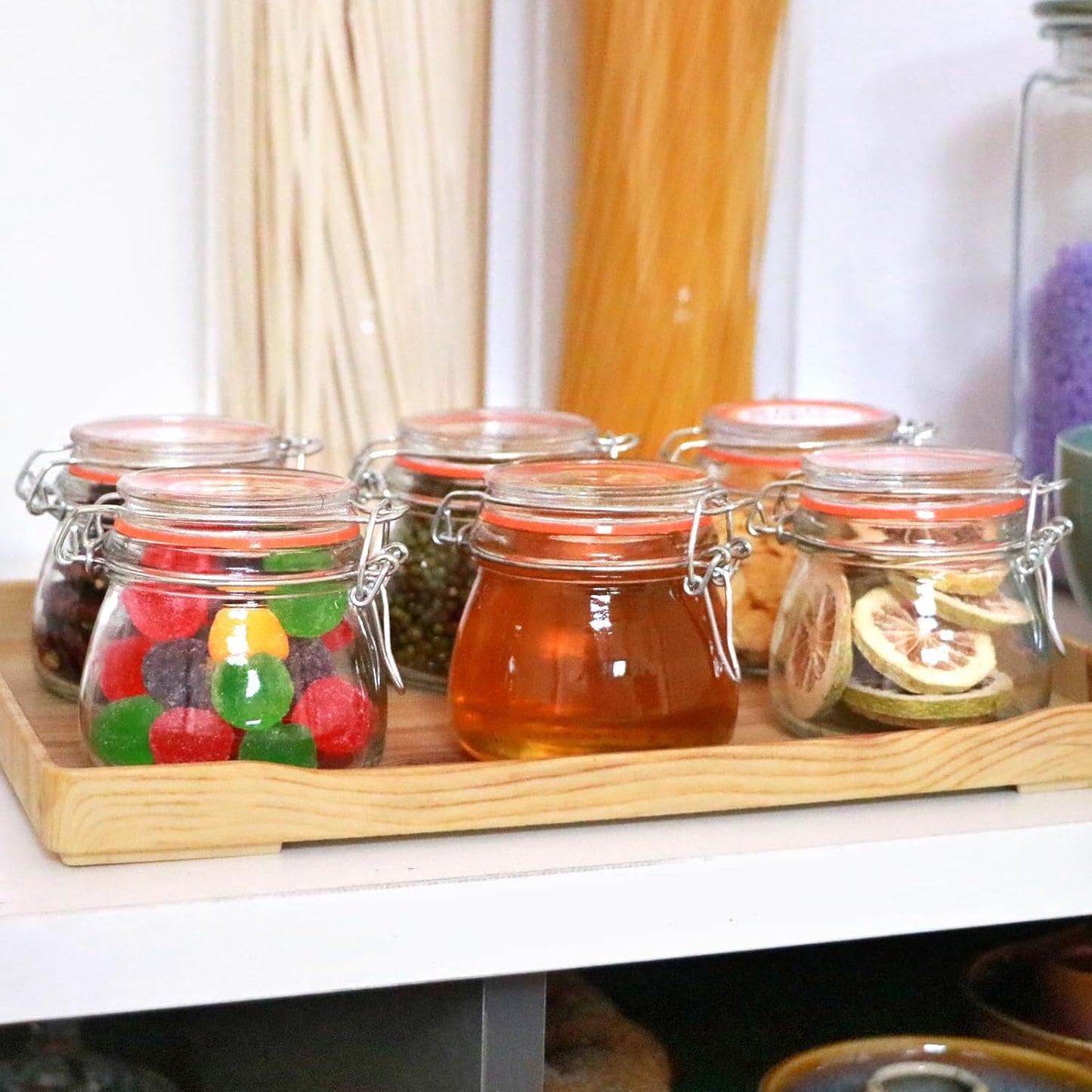 5oz 6pack Glass Jars with Airtight Lid, Glass Food Storage Containers with Lids, Mason Jars, Wire Clip Fastening for Cereal, Flour, Cookie, Spice, Honey, Kitchen Canning