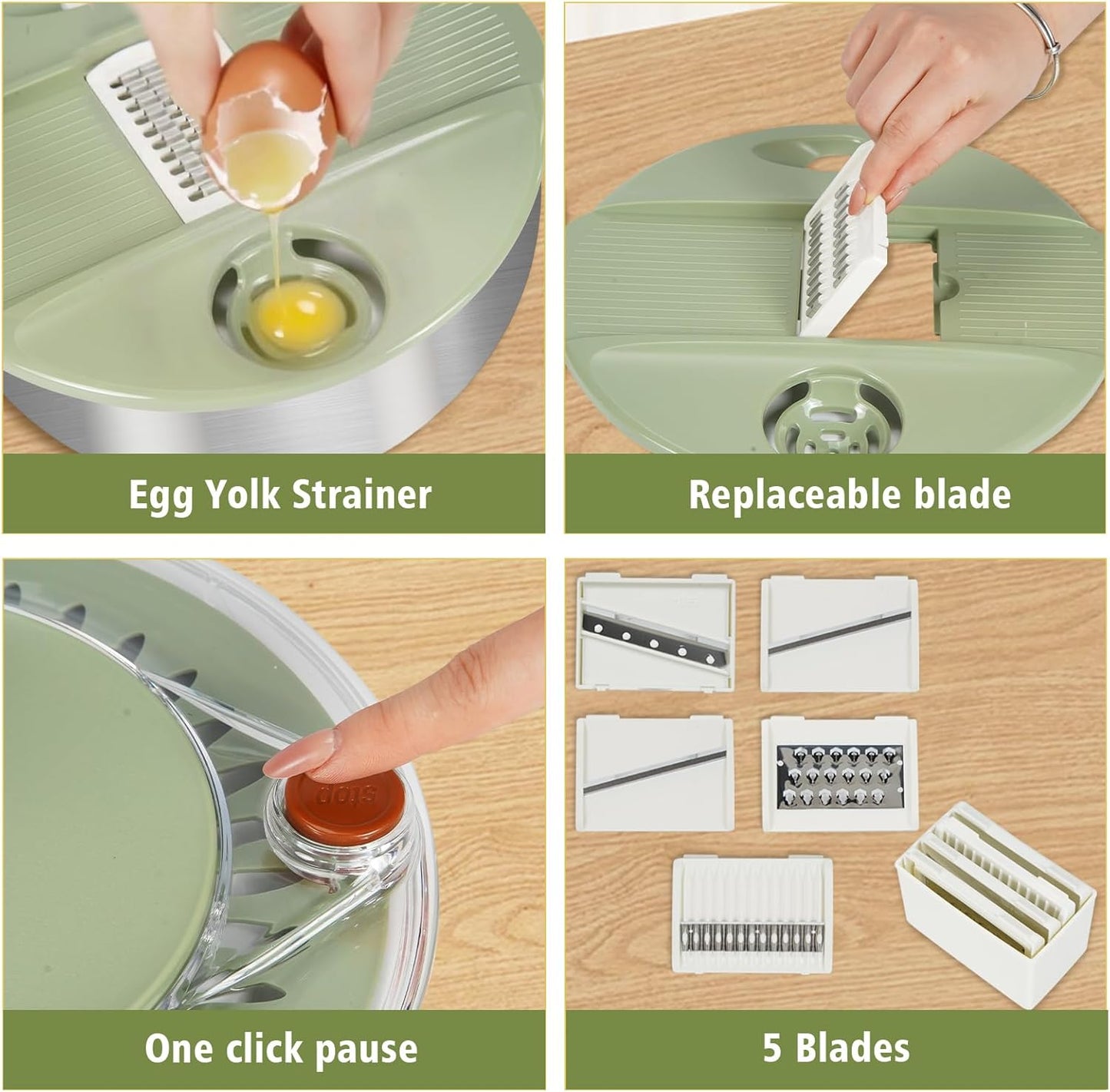 Stainless Steel Salad Spinner Large with 5 Blades Slicer, Lettuce Washer Spinner and Dryer, Vegetable Fruits Chopper Bowl, Egg Yolk Strainer Comes with Dipping Saucers and Clip, 5.3Qt