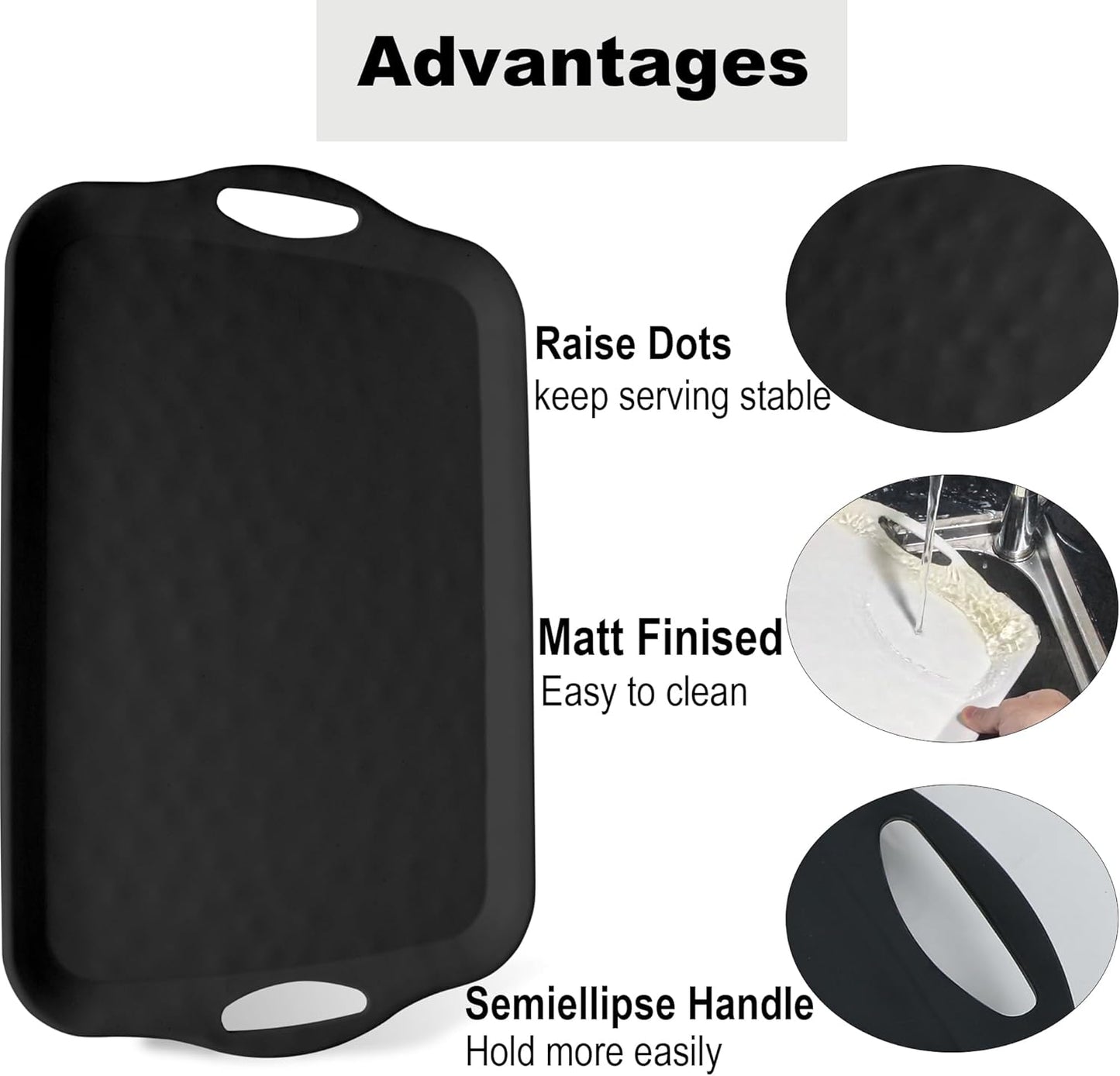 Extra Large Serving Tray with Handles, 20x13 inch, Set of 2 Melamine Platters for Serving Food, Turkey, Cookie, Rectangular Trays for Eating, Raised Dots Matt Finished, Dishwasher Safe, Black