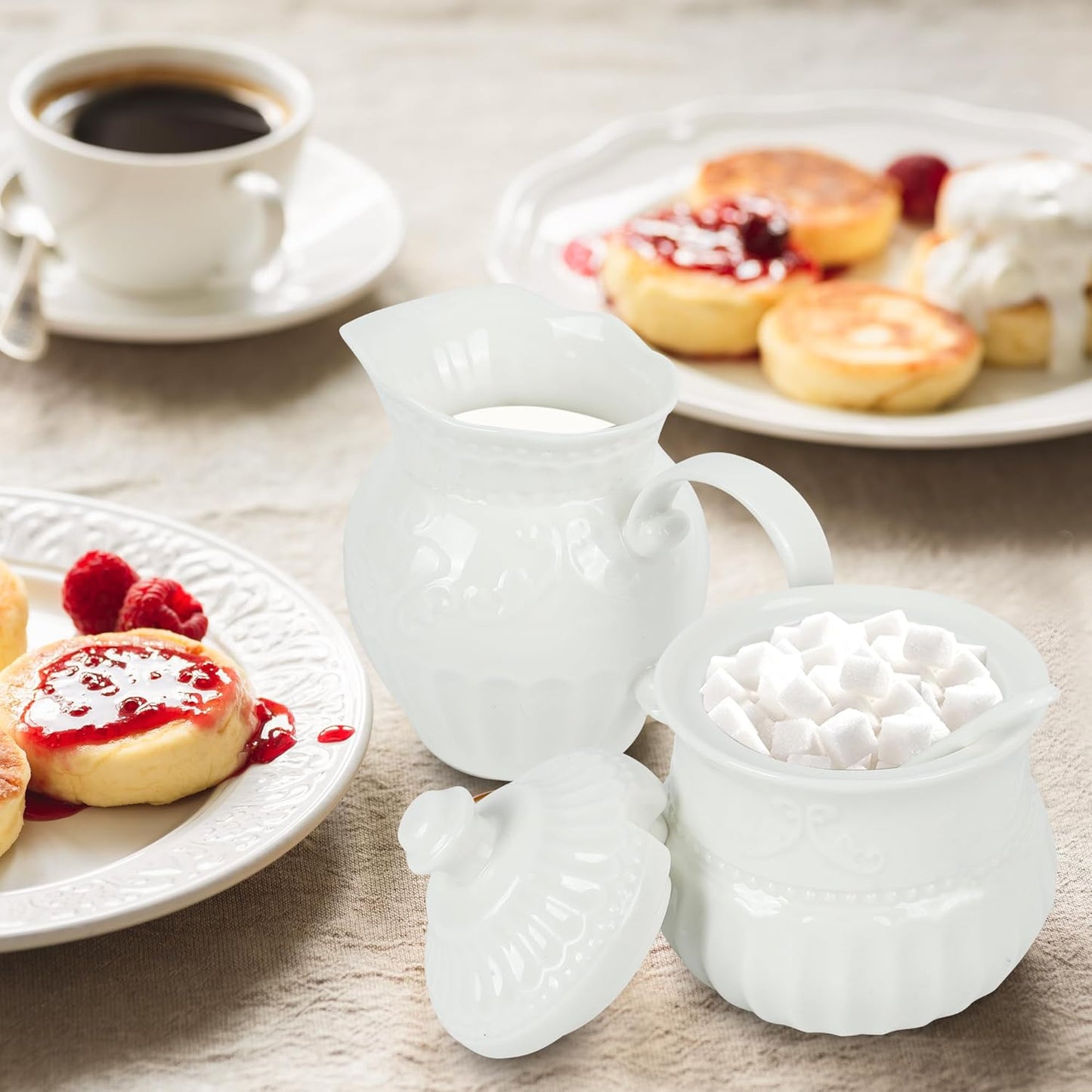 Ceramic Sugar and Creamer Set, Cream Pitcher Sugar Bowl with Lid and Spoon, Sugar and Creamer Container for Coffee Bar (4)