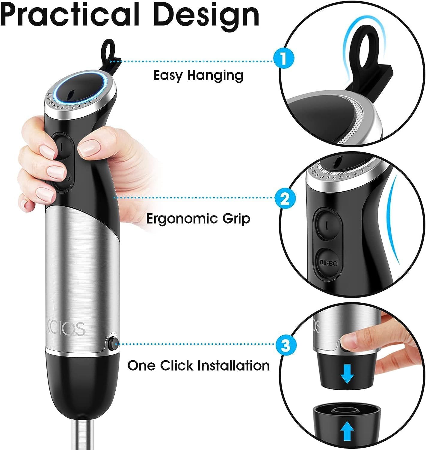 KOIOS Upgraded Immersion Blender Handheld, 1000W 12-Speed 5 in 1 Hand Mixer Stick Blender with 304 Stainless Steel Blade,Food Processor,Beaker,Egg Whisk&Milk Frother,Non-BPA,Smoothies Purée Baby Food