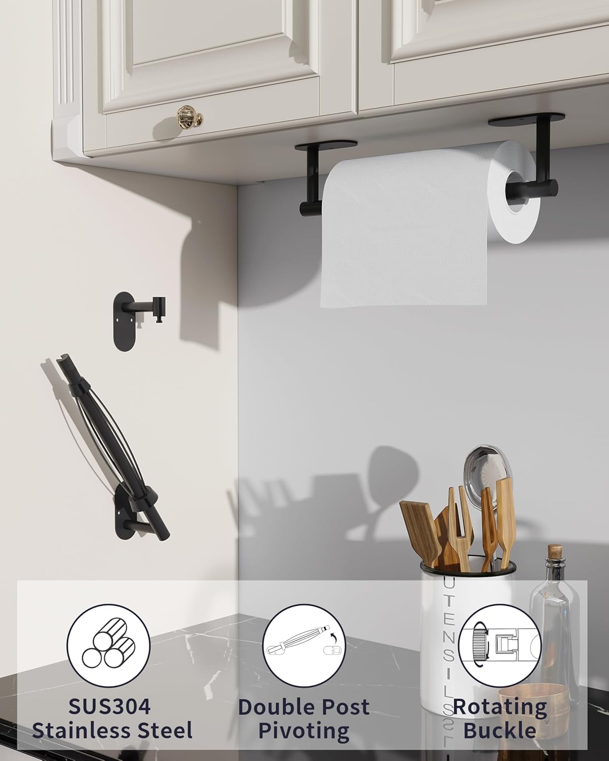 Paper Towel Holder Under Cabinet, Self Adhesive or Wall Mount for Kitchen Bathroom, Stainless Steel Paper Towel Holders with Damping Effect, Single Hand Operable (Matte Black)