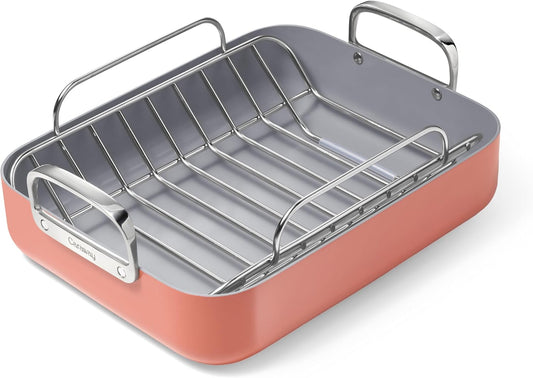 Caraway Roasting Pan - 16x13” Roasting Pan with Rack - Non-Stick Ceramic Coated - Non Toxic, PTFE & PFOA Free - Oven Safe & Compatible with All Stovetops - Perracotta