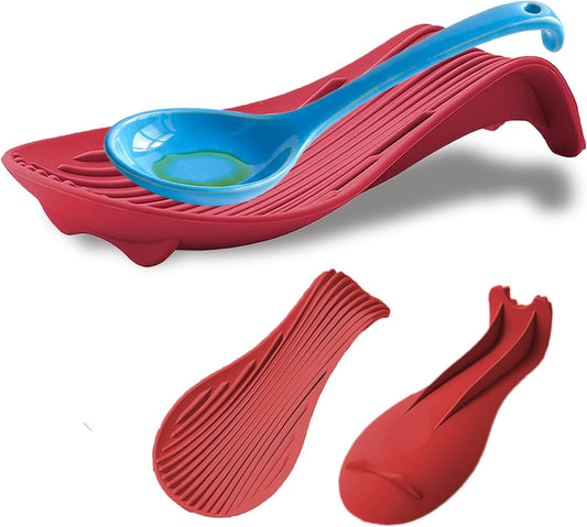 Silicone "Deck Chair" Large Heat-resistant Spoon Rest for Stove Top/Countertop, Reusable Kitchen Cooking Utensil Holder for Spatulas, Ladles, etc., Dishwasher Safe, 9.1 * 4.2 * 1.6in (Red)