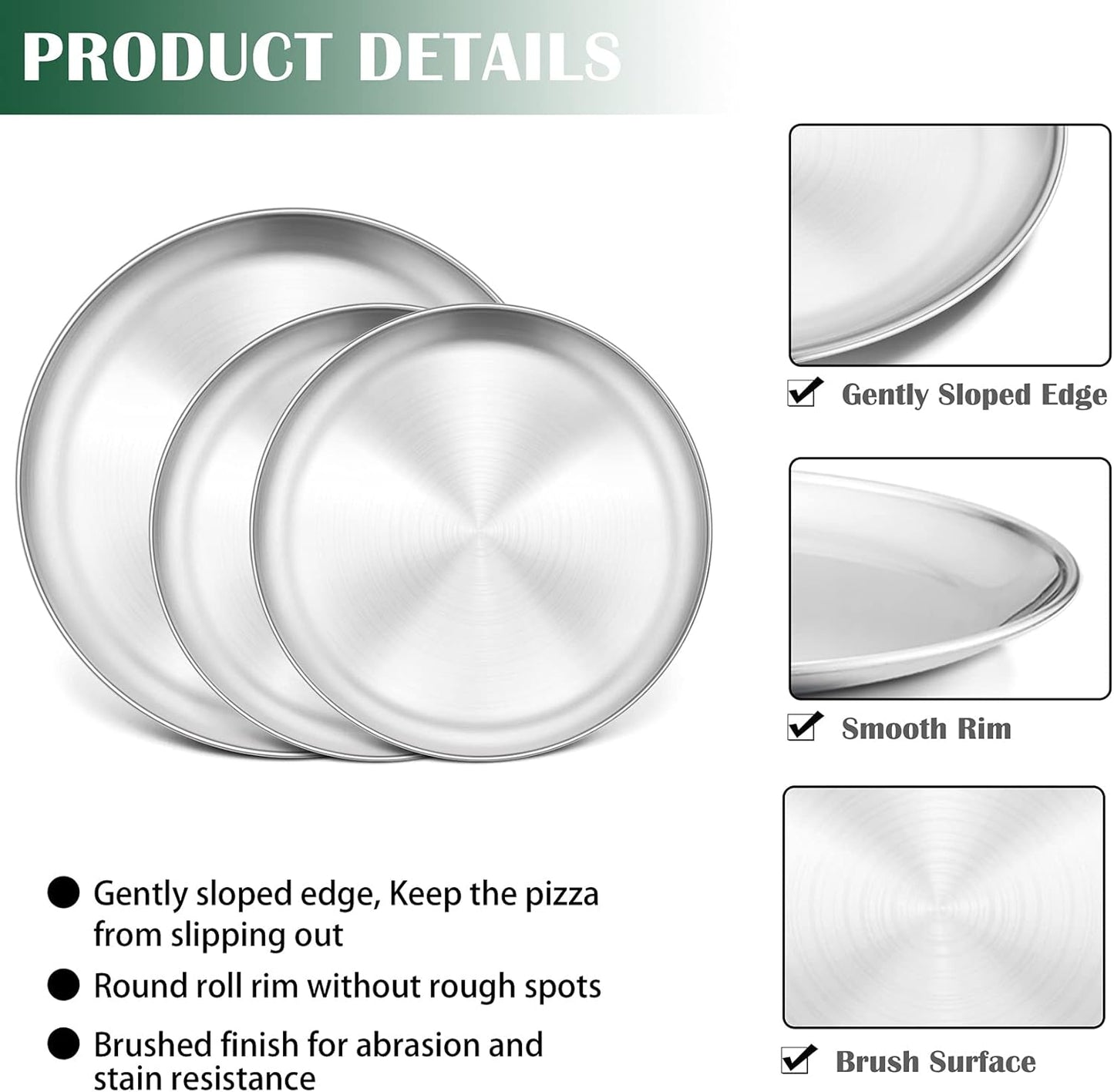 P&P CHEF 12 + 12 + 13.5 Inch Pizza Pan, 3 Pieces Stainless Steel Round Pizza Tray Dish Plate For Oven Baking Roasting, Healthy & Heavy Duty, Rust Free & Dishwasher Safe -Silver