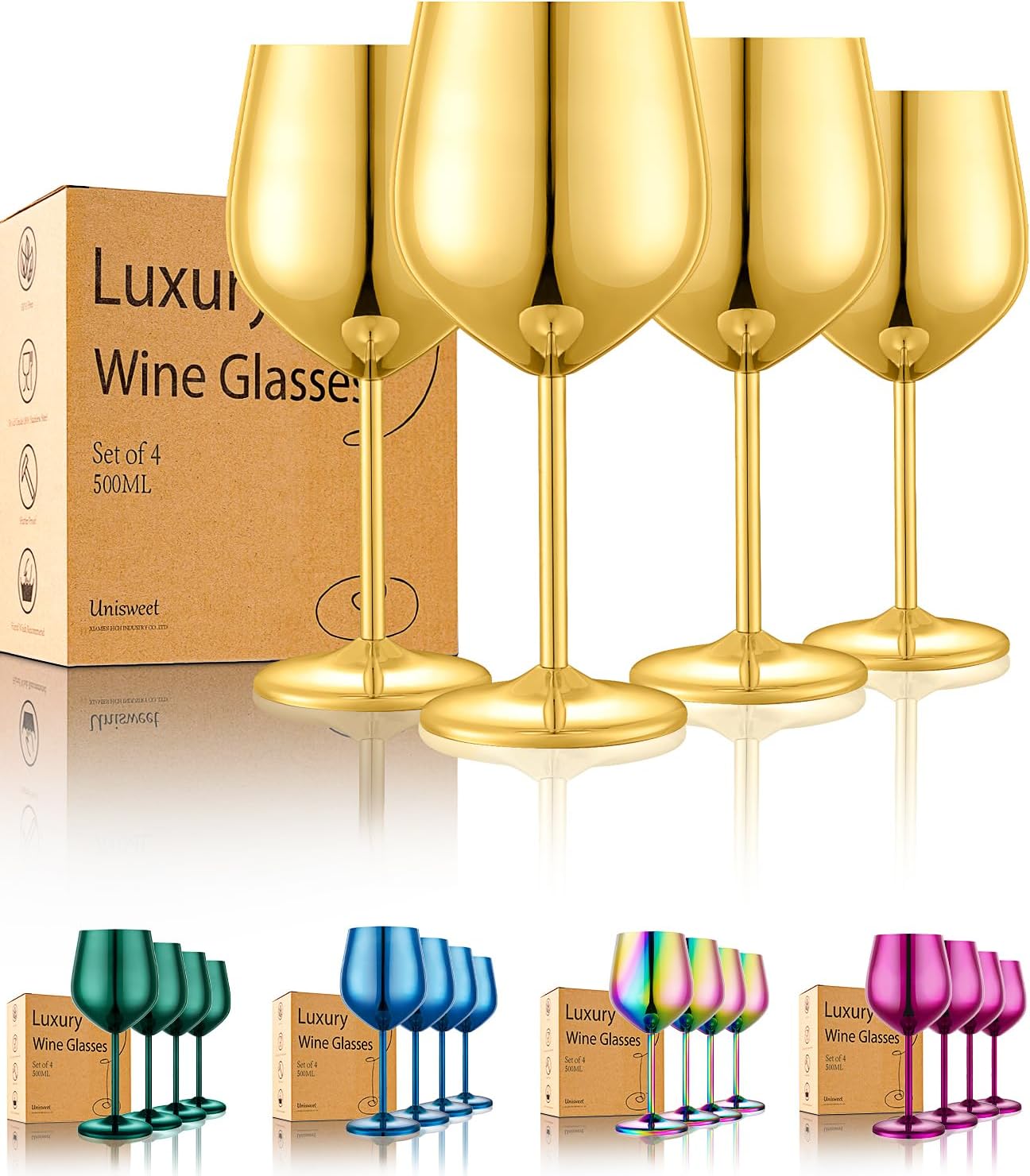 Stainless Steel Wine Glasses Set of 4 Unbreakable Gold Wine Glass 18 oz Unique Metal Wine Goblets for Outdoor, Travel, Camping, Pool, Ideal Gift for Wine Lovers