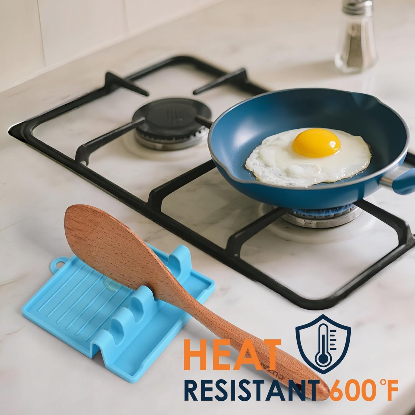 2-PACK 600°F Heat Resistant Silicone Spoon Rest, Multiple Utensil Rest, BPA Free Easy to Clean Dishwasher Safe, Blue (Deep+Light)