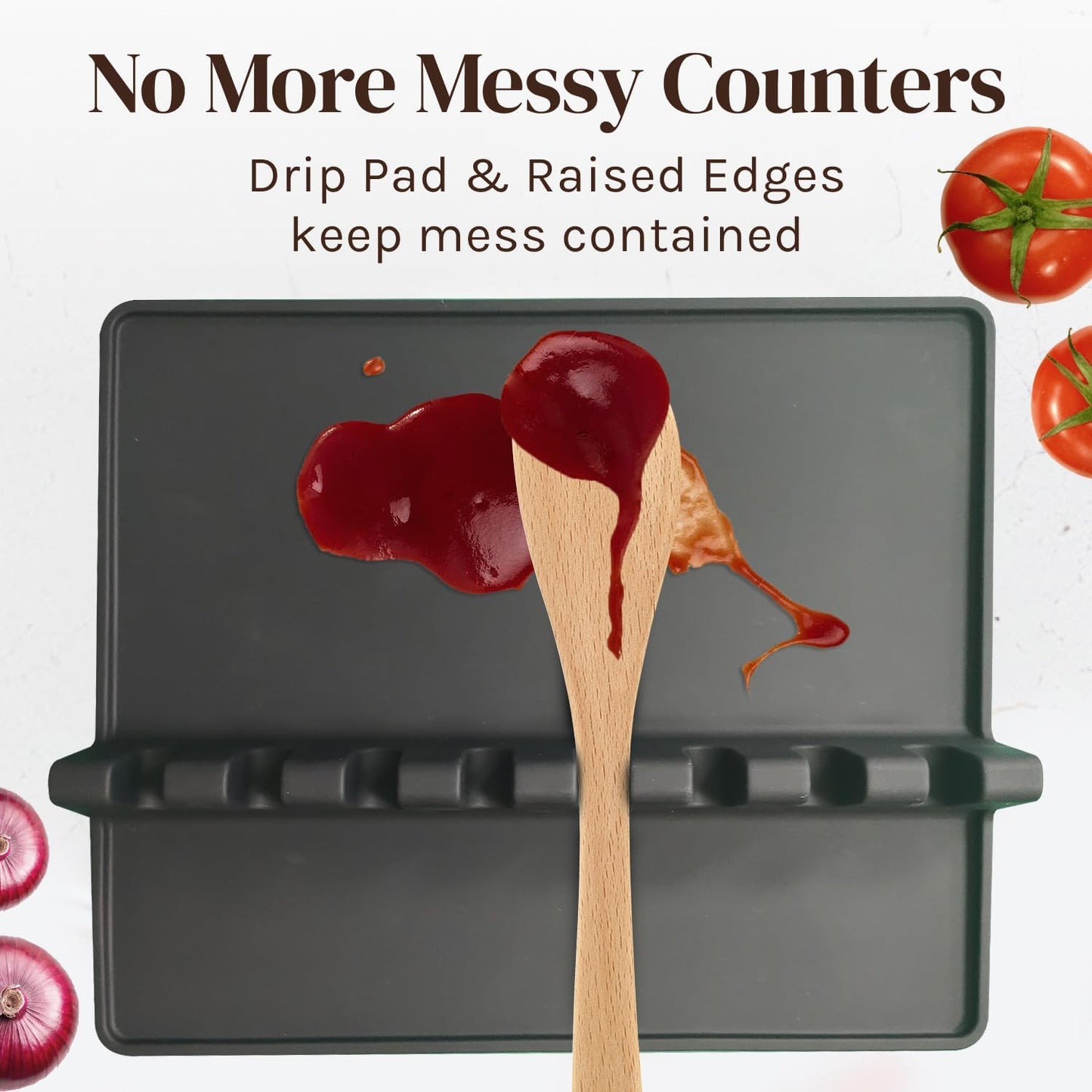 Black Silicone Spoon Rest for Stove Top with Drip Pad (1 Pack) - Heat-Resistant, BPA-Free Utensil Rest & Spoon Holder for Kitchen Counter - Grill Utensil Holder for Spatulas, Tongs, Ladles