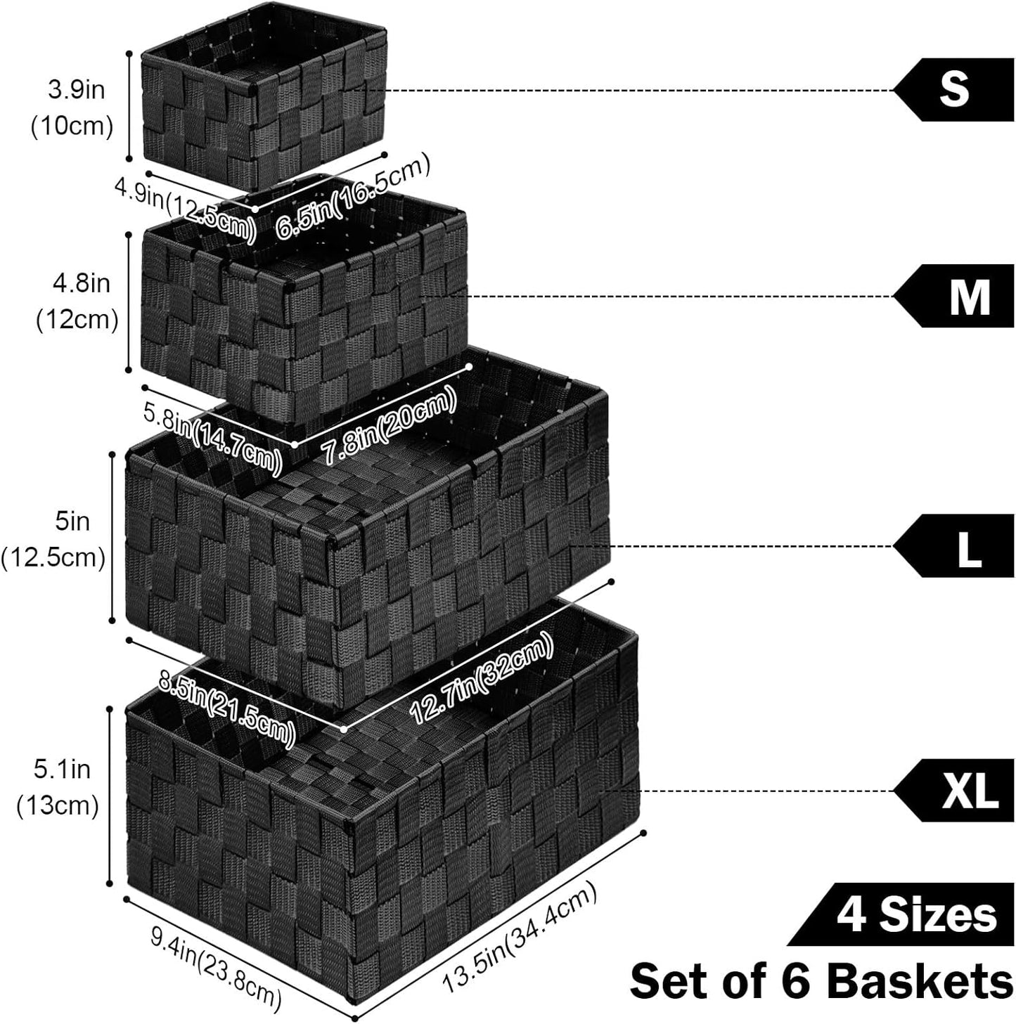 Woven Storage Baskets, Storage Bins, Cube Basket Container Baskets Storage Boxes Organizers for Clothes /Shelves/ Closet, Set of 6 (Black)