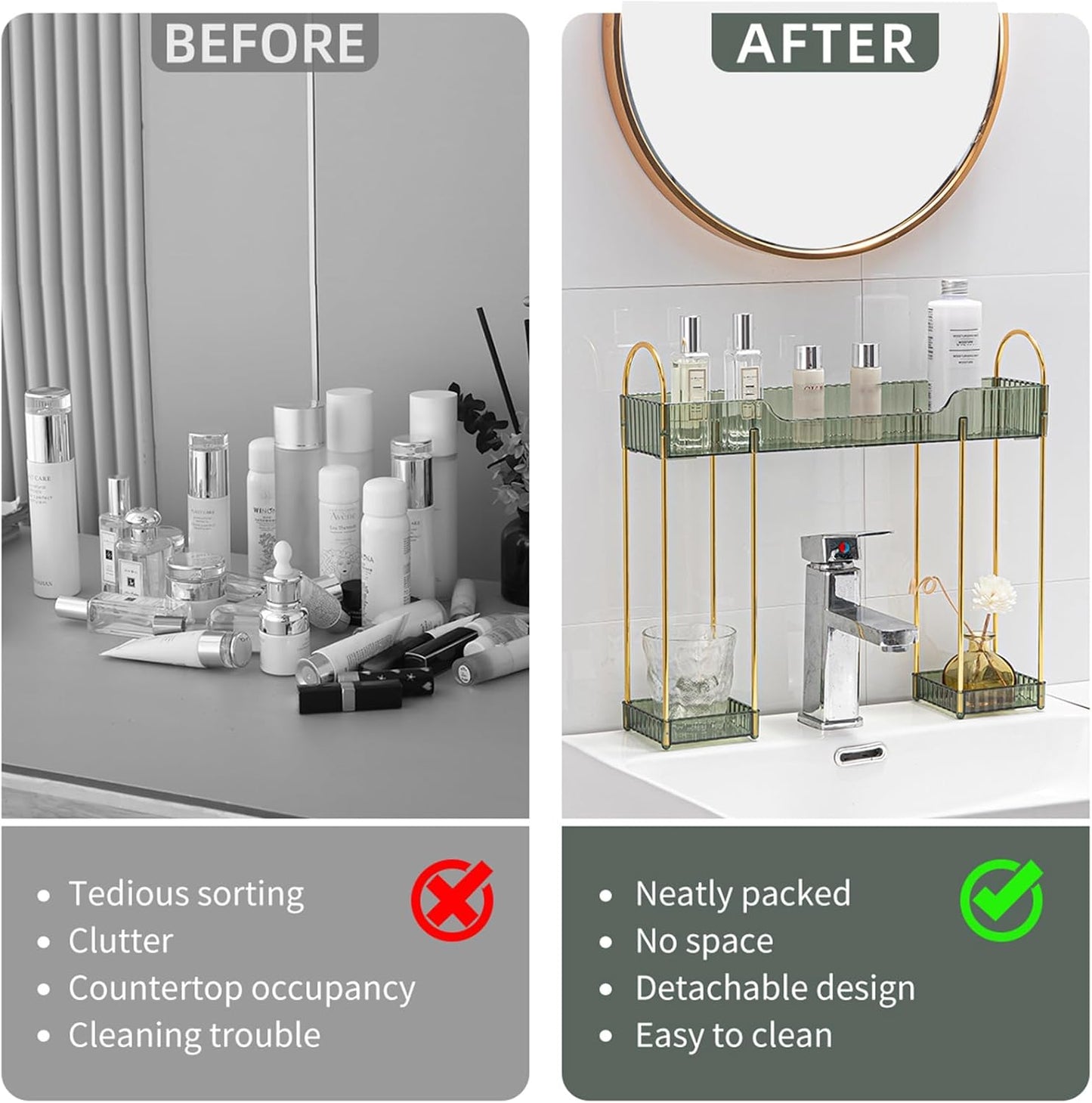 Makeup Organizer for Vanity,2-Tier Bathroom Sink Organizers Shelf Over Faucet Countertop Organizer Rack with Green Plastic Trays,n-Shaped Sink Storage for Bathroom Dresser