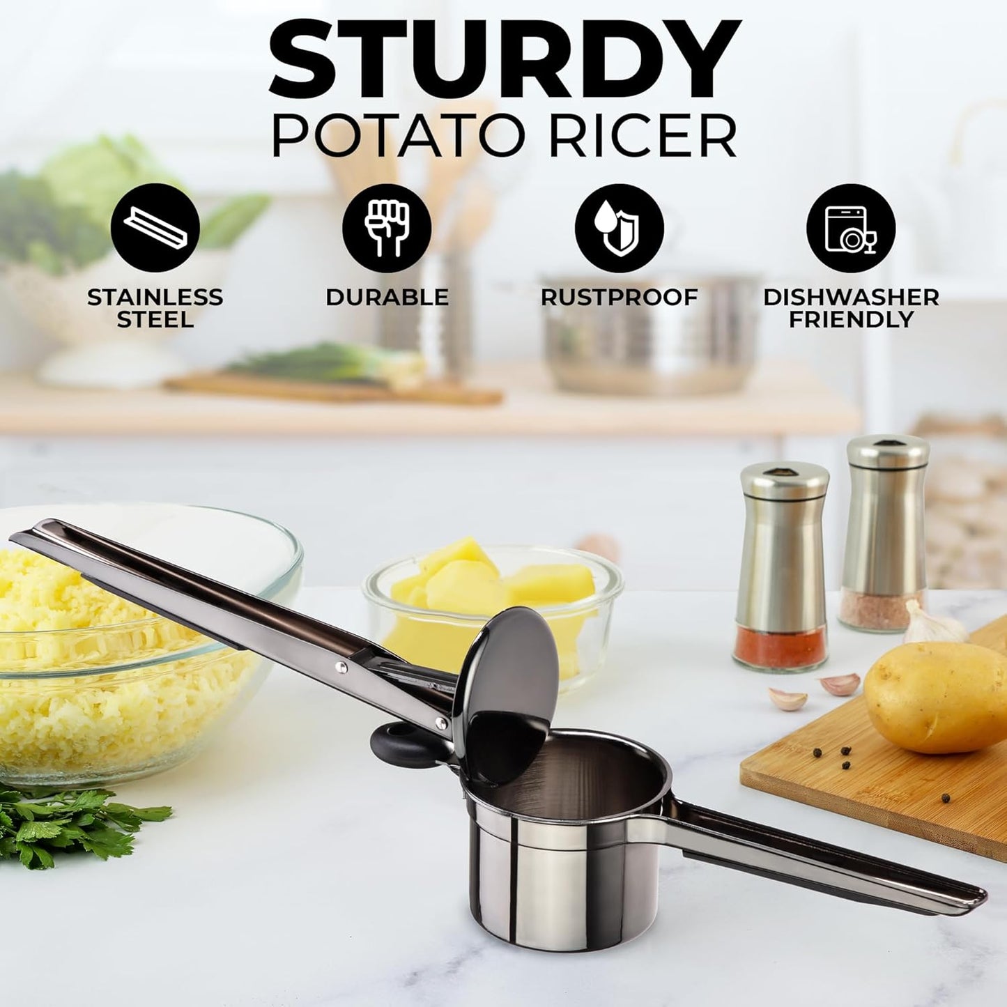 Zulay Kitchen Large 15oz Potato Ricer, Heavy Duty Stainless Steel Potato Masher and Ricer for Mashed Potatoes, Mashed Potato Masher & Potato Press Gadget for Perfect Mashed Potatoes - Metallic Black