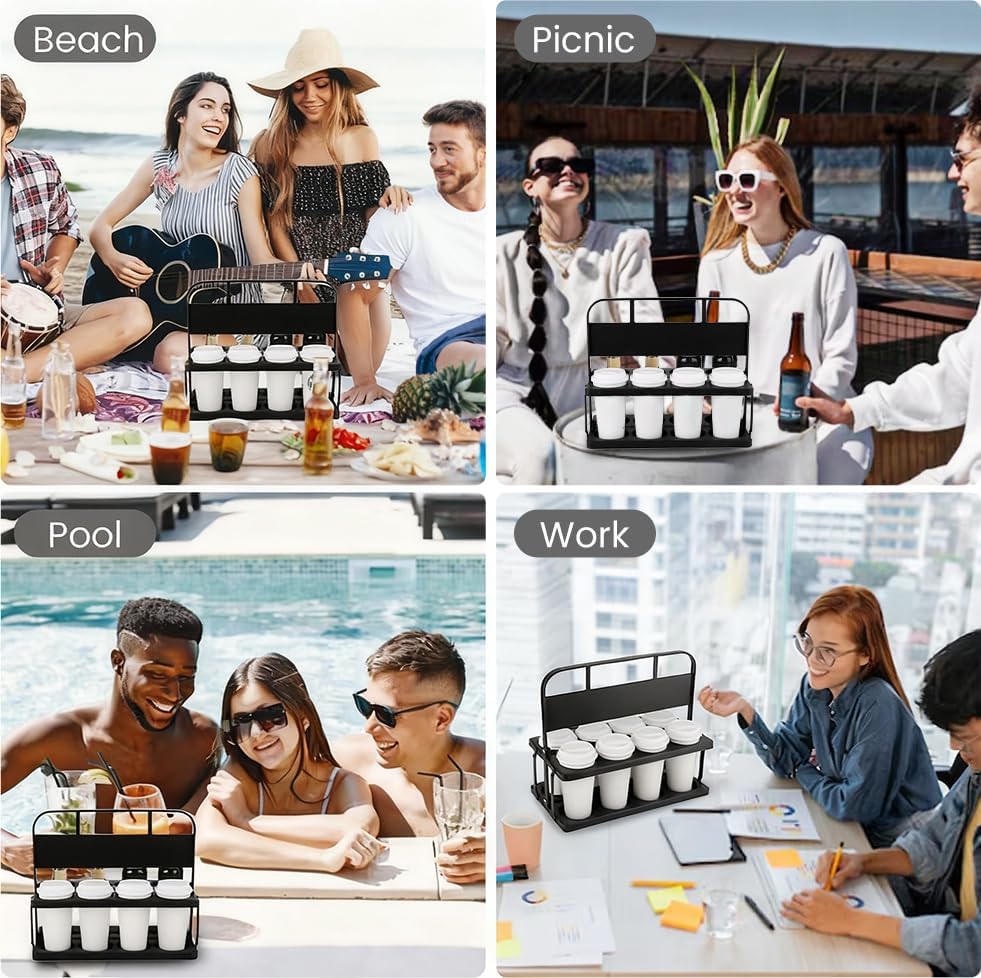 Reusable Drink Carrier with Handle for Doordash, Eats, Grubhub, Portable 8 Cup/Coffee Holder Accessories for Delivery, Foldable Drinks Caddy with Tray, Car Durable Plastic Festive Bottle, Vacation
