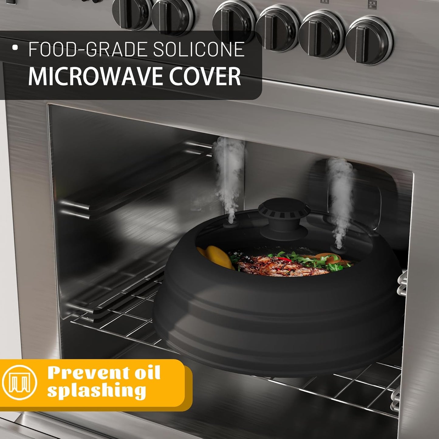 Collapsible Microwave Splatter Cover - Vented Silicone & Glass Lid with Easy-Grip Handle, Fits 6 to 11 Inch Plates & Bowls, 11.8 Inch Diameter, Prevents Splatters & Ensures Even Heating