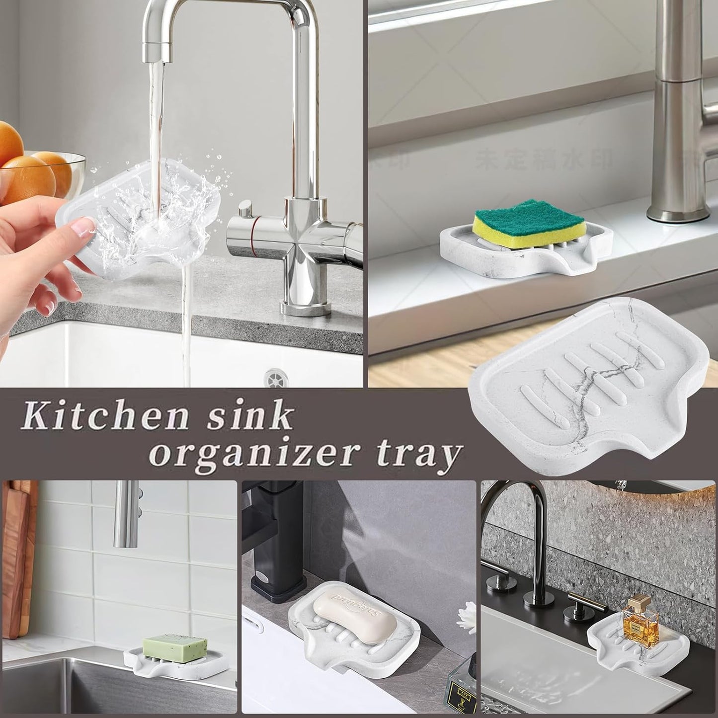 Self Draining Soap Dish- 2 Pcs Bar Soap Holder for Shower, Marble Look Large Soap Savers Soap Tray Sponge Holder for Kitchen Bathroom Bathtub Sink, White