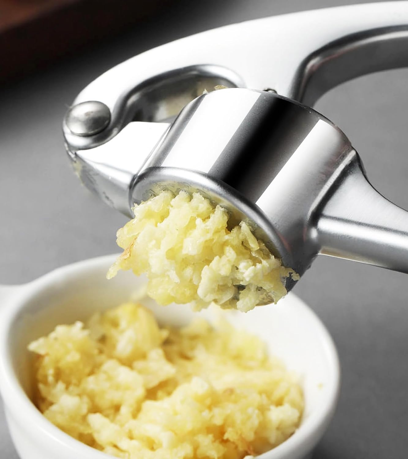 Stainless Steel Garlic Press Set w/Silicone Peeler & Brush, Heavy Duty Metal Garlic Mincer, Dishwasher Safe, Easy Clean (Regular Handle)