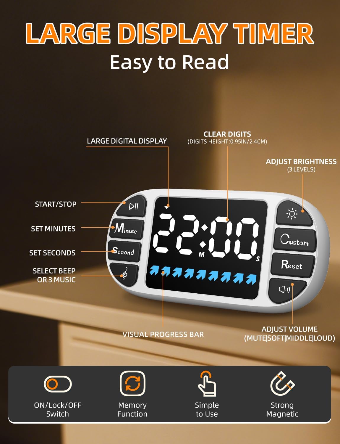DOOMAY Digital Kitchen Visual Timer: 3.6'' Large LED Display, Magnetic, 3 Brightness, 4 Alarms and Volume, Memory Function, Countdown Count up for Cooking, Classroom, Home Gym, AAA Battery Included