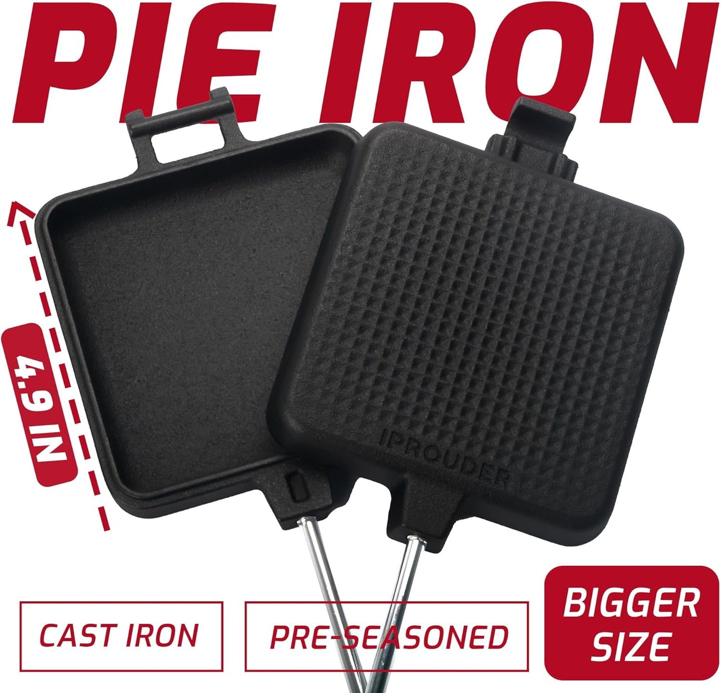 Campfire Pie Iron 4.9" Large Cast Iron Sandwich Maker for Camping 2 Pcs with Storage Bag - 22.6 inch Thickened Handles - Campfire Cooking Equipment for Grilling & Outdoor Cooking