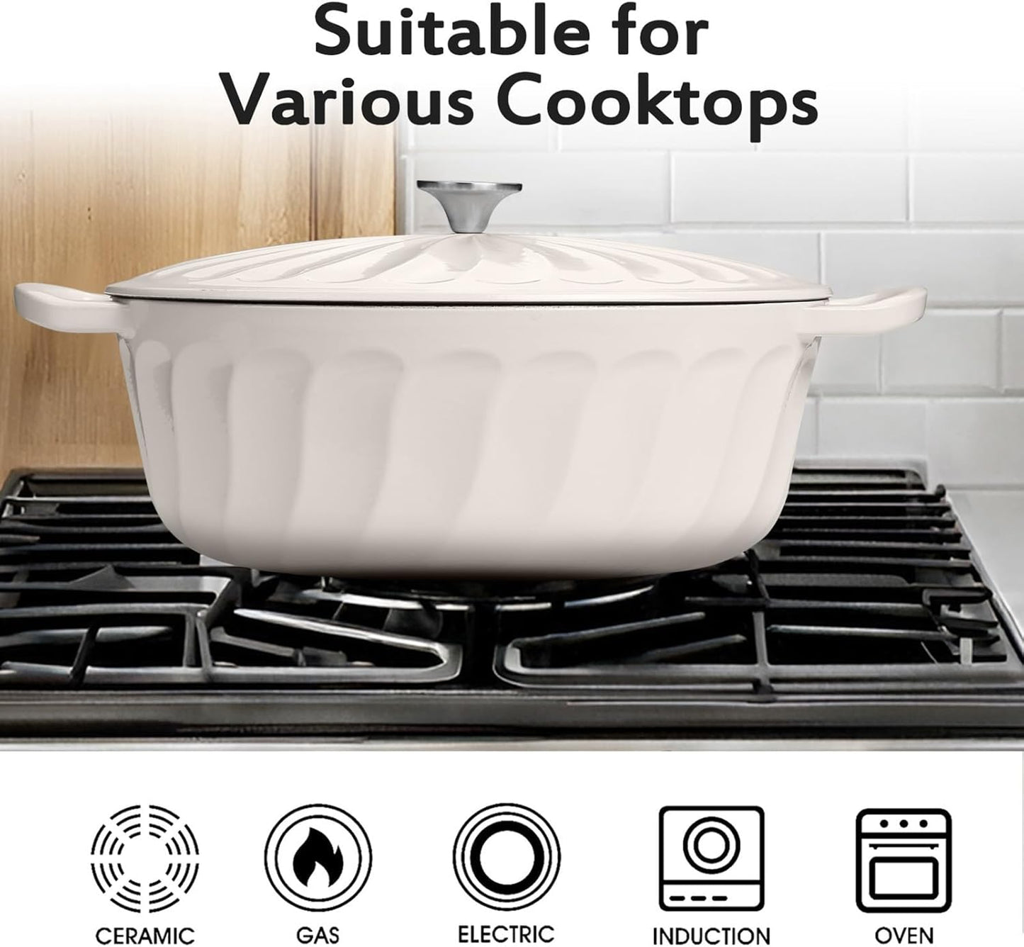 Enameled Oval Dutch Oven Pot with Lid, 7 QT Cast Iron Dutch Oven with Dual Handles for Cooking, Bread Baking, Frying, Non-stick Enamel Coated Oven (White)