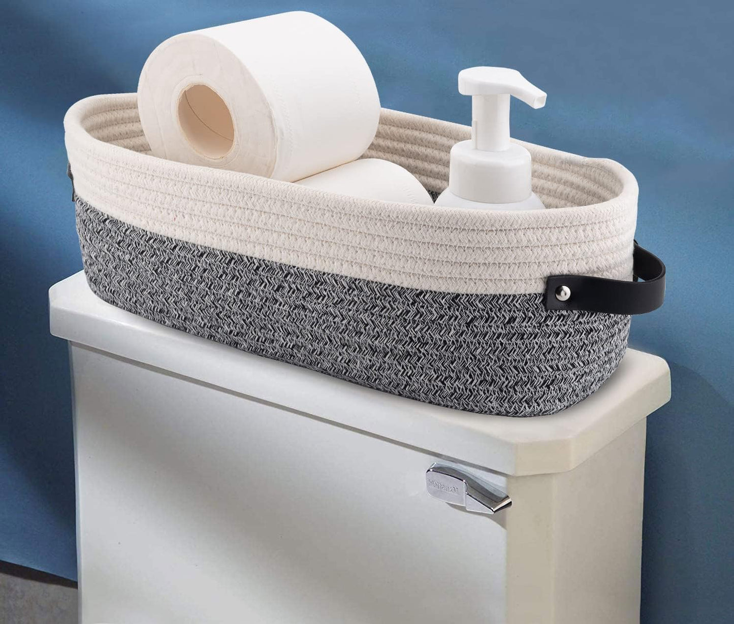Small Cotton Rope Woven Basket Toilet Paper Baskets for Organizing Decorative Basket for Boho Decor Small Storage Basket 13"x5.9"x4" Variegated Gray&White