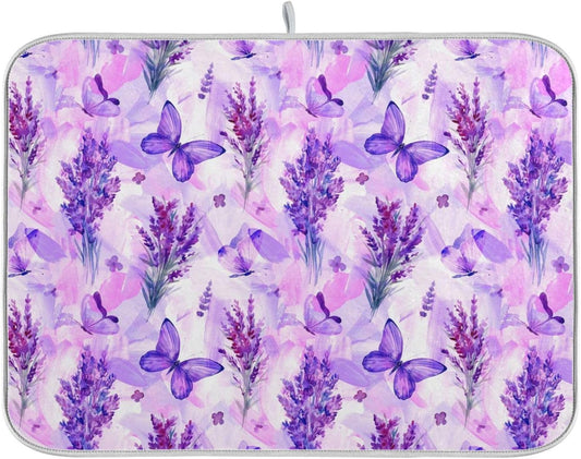 Purple Lavender Butterfly Dish Drying Mat for Kitchen Counter Absorbent Microfiber Drying Pad, Large 18x24 in, Reversible Drainer Mats