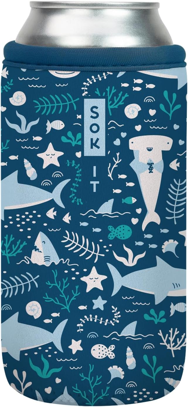 Sok It CanSok Sleeve for Beer & Soda Insulated Neoprene Cover (Happy Sharks, 16oz Can Sleeve)