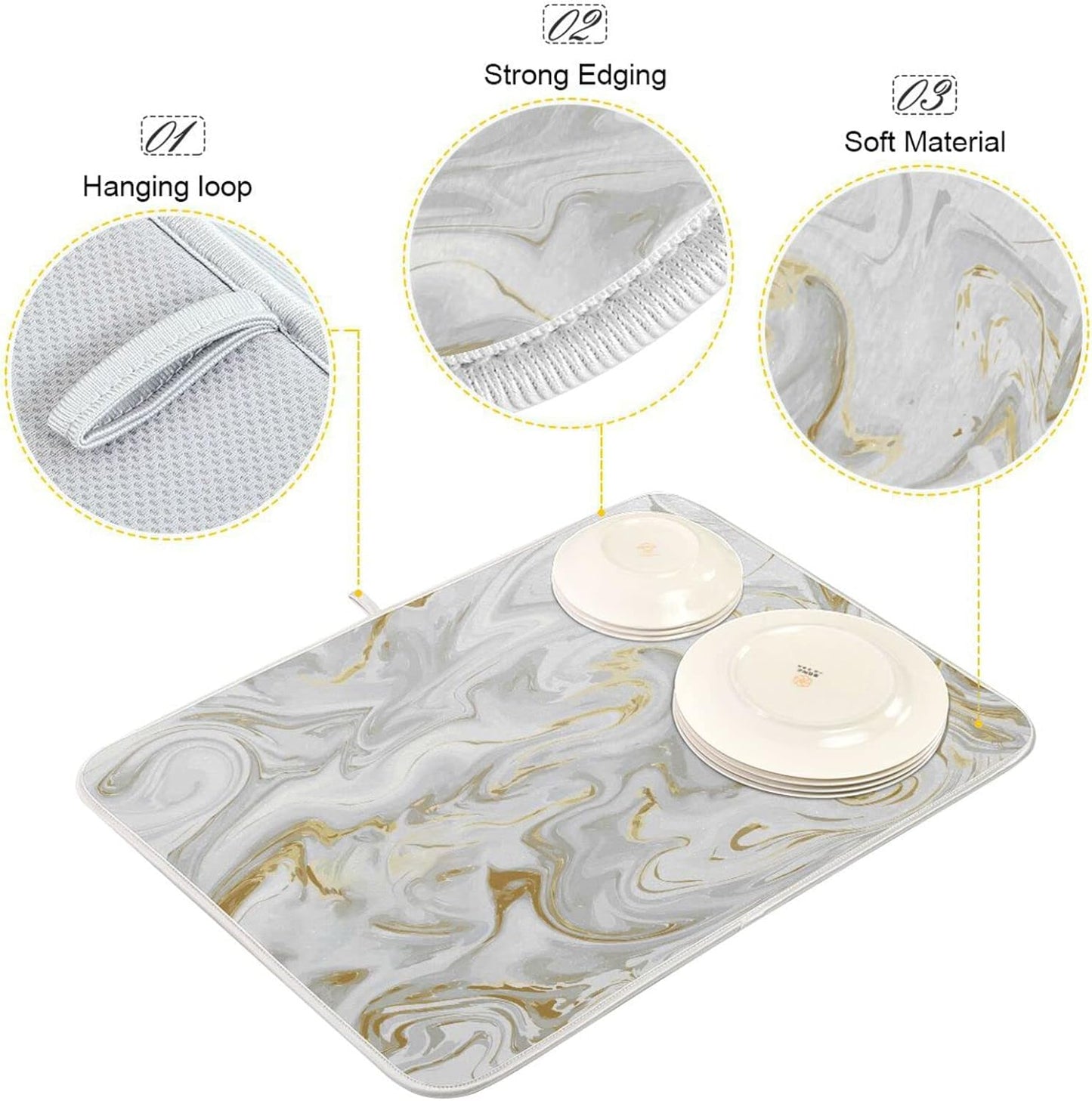 White Grey Gold Marble Fluid Dish Drying Mat for Kitchen Counter Absorbent Microfiber Drying Pad, Medium 16x18 in, Reversible Drainer Mats