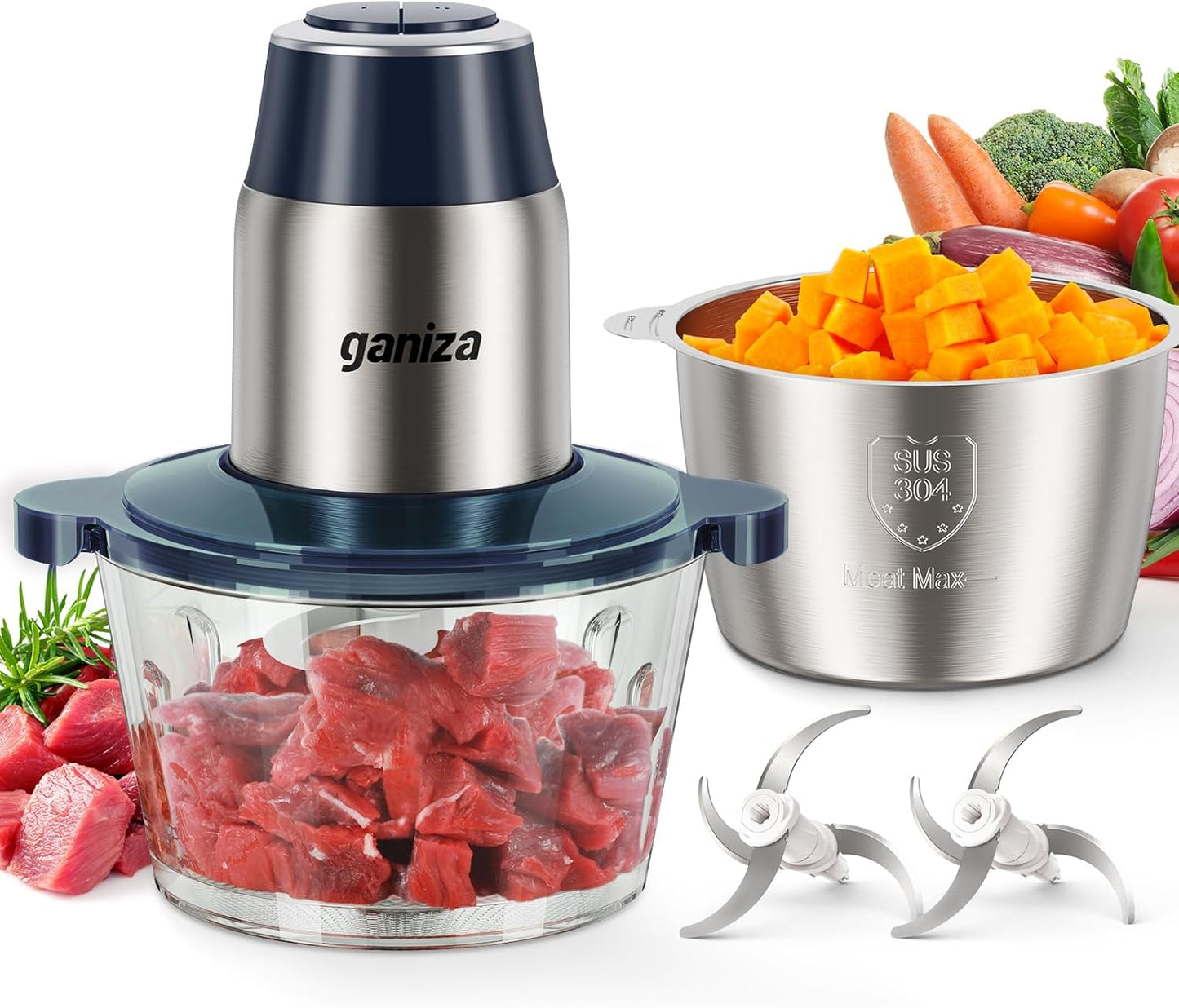GANIZA Food Processors, Electric Chopper with Meat Grinder & Veggie Chopper - 2 Bowls with Powerful Copper Motor - Includes 2 Sets of Bi-Level Blades for Baby Food/Meat (Blue, 8 Cup+8 Cup)