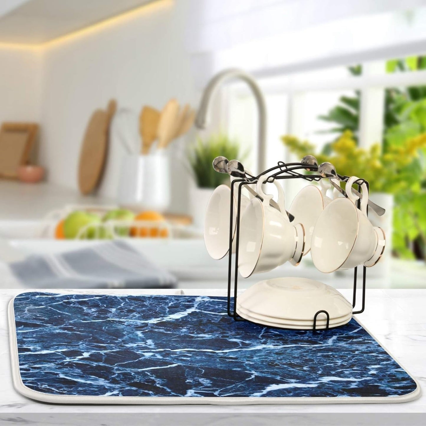 Super Absorbent Dish Drying Mat, Microfiber Fast-Drying Dish Mat, 24" x 18, Kitchen Dish Drying Pad, Navy Blue Marble…