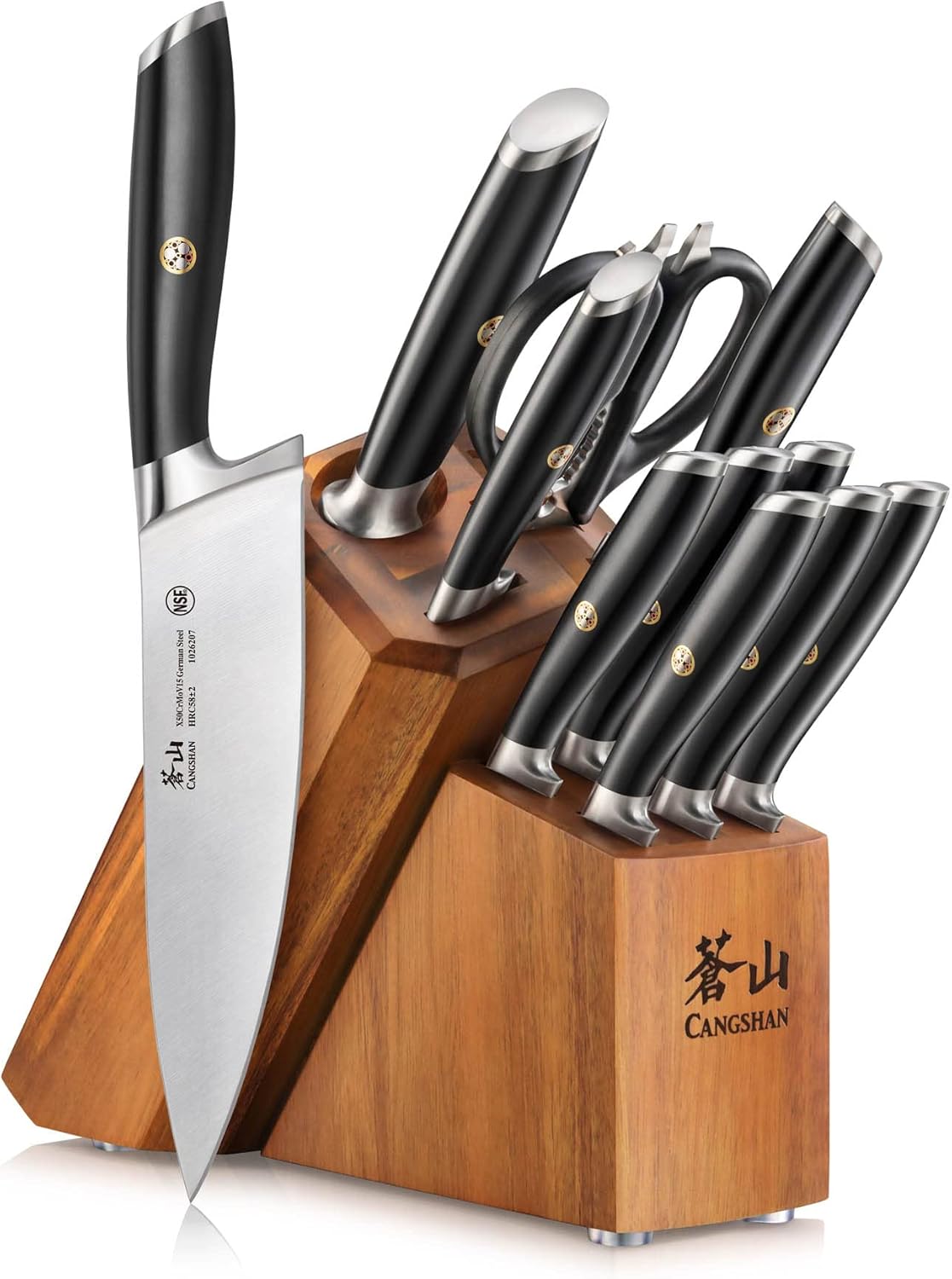 Cangshan L Series 12-Piece Knife Block Set with 6 Steak Knives, Forged German Steel, Acacia Block, Black, 1026061