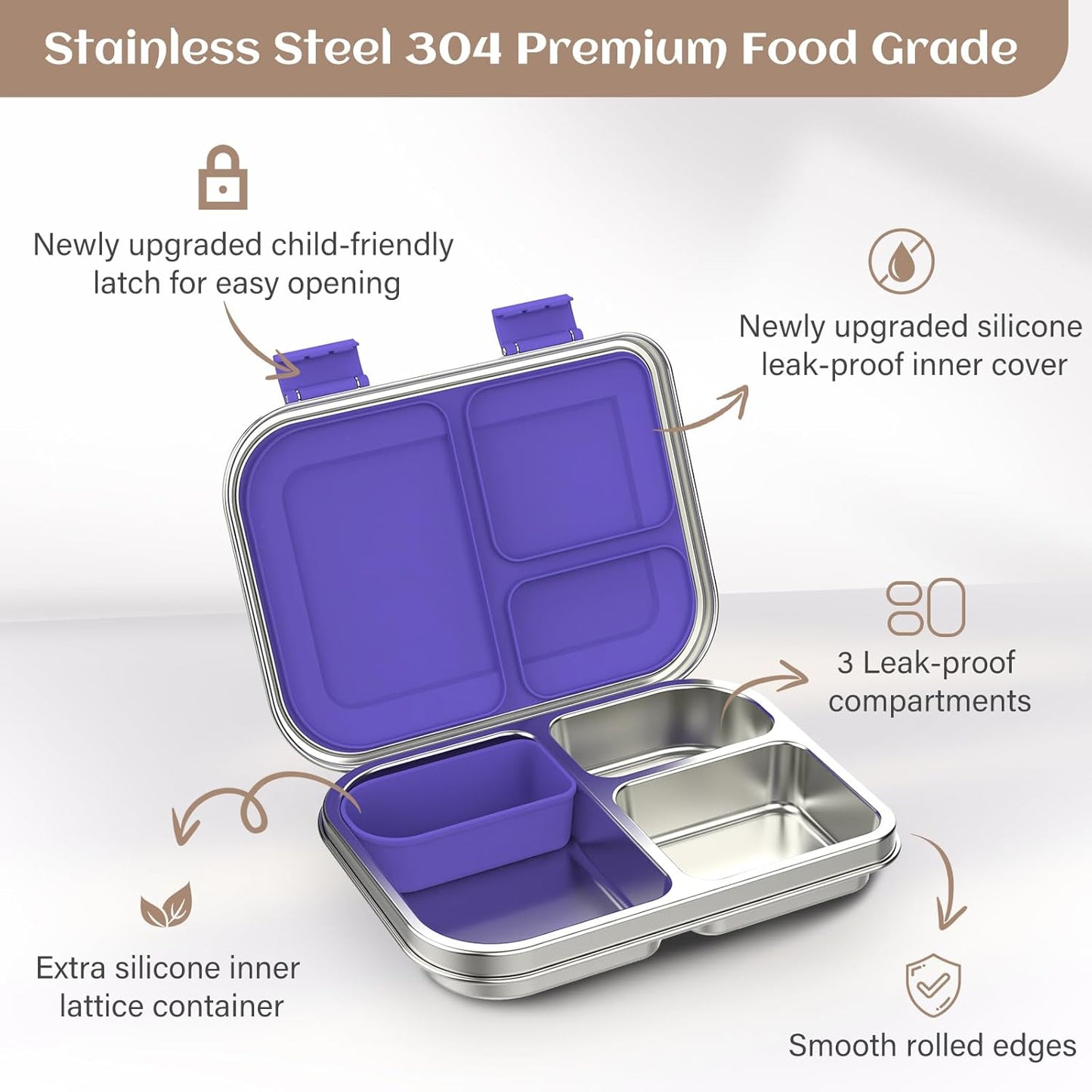 Stainless Steel Bento Box Kids, 3 Compartments Leak Proof Metal Bento Lunch Box, 304 Stainless Steel Bento Lunch Containers for School and Office,Dishwasher Safe, BPA-Free-Purple