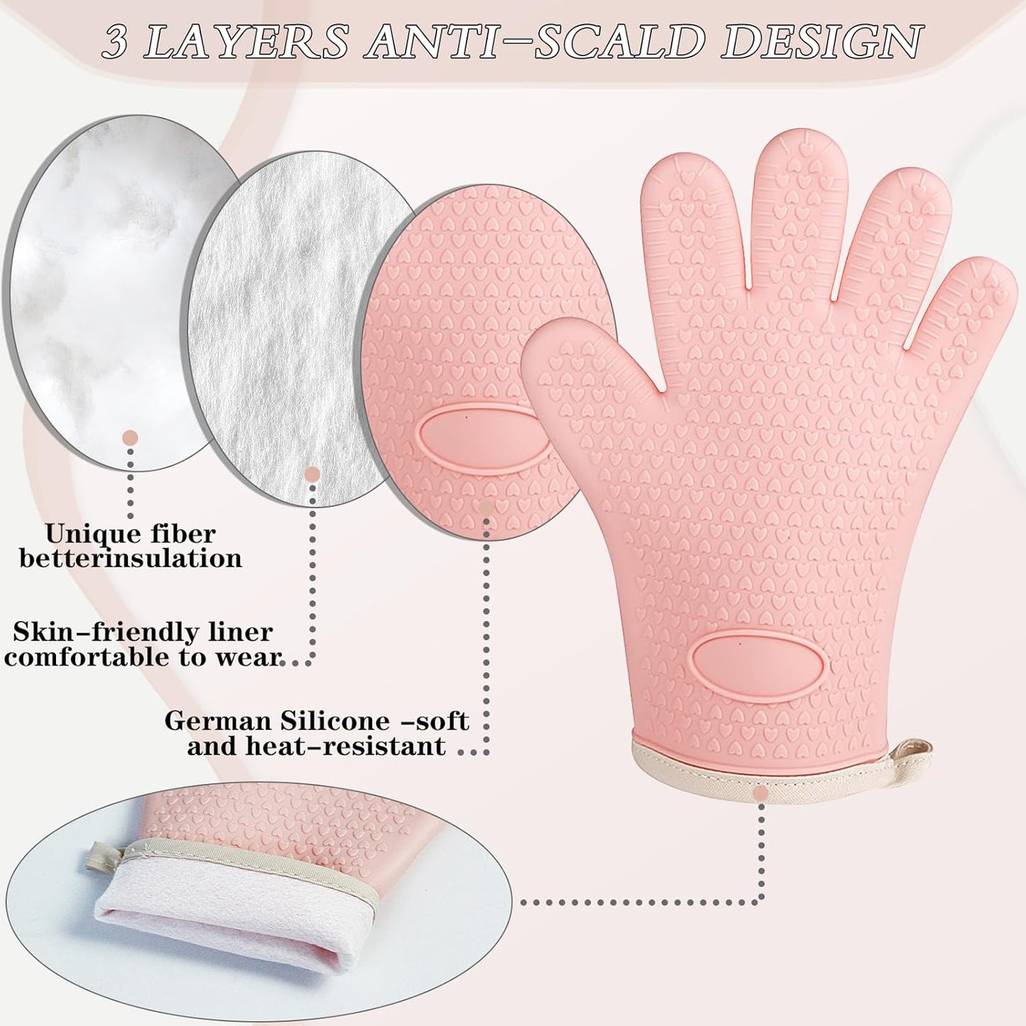 Oven Mitts with Fingers, Heat Resistant 500°F, Waterproof & Non-Slip Kitchen Gloves for Baking, Grilling, Cooking.5-Finger Design with Soft Lining, Hanging Hook,Pink